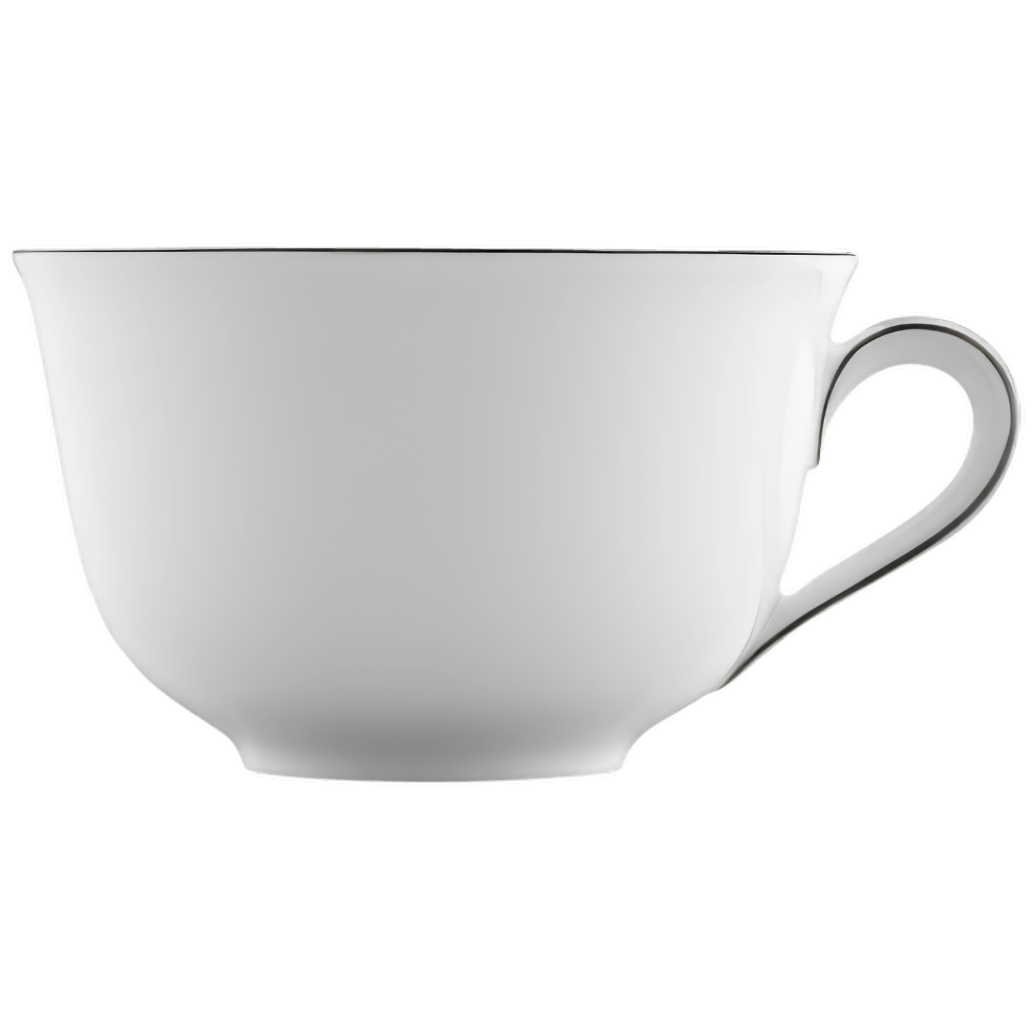 Weiße Teetasse mit Henkel steht auf schwarzem Hintergrund. Fürstenberg Porzellan.