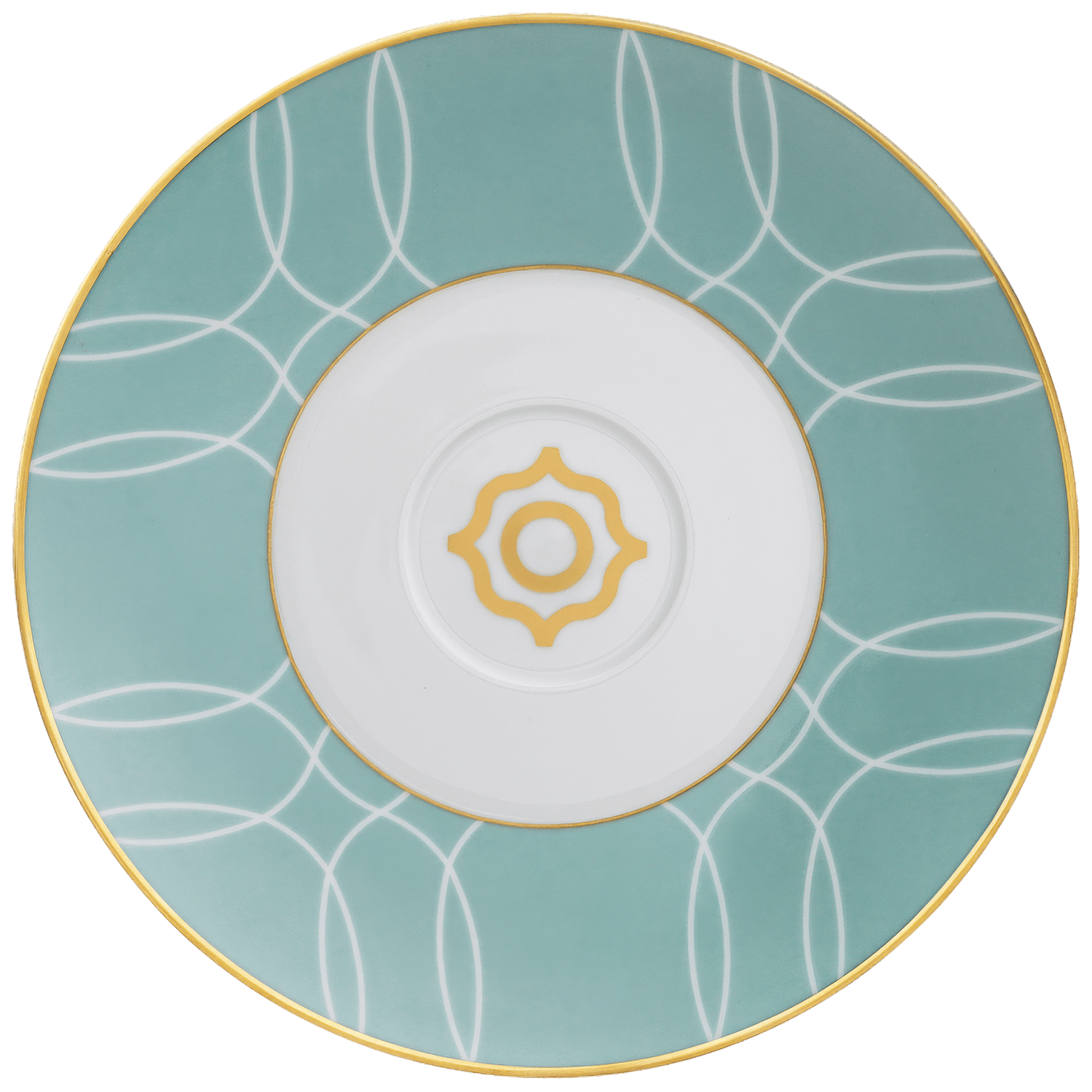 Untertasse mit türkis-weißem geometrischem Muster und goldenen Akzenten. Fürstenberg Porzellan.