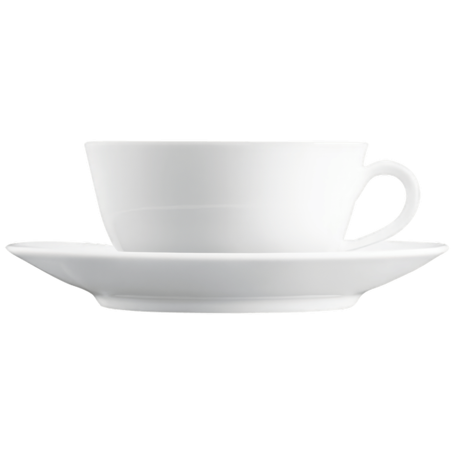 Weiße Teetasse auf Untertasse, minimalistisch gestaltet, ohne Verzierungen. Fürstenberg Porzellan.