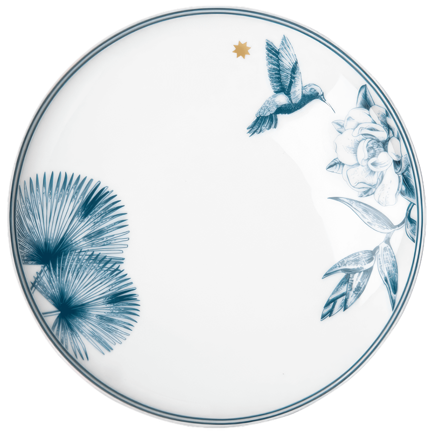 Teller mit Kolibri-, Blüten- und Pflanzenmotiv in Blautönen, Goldstern oben rechts. Fürstenberg Porzellan.