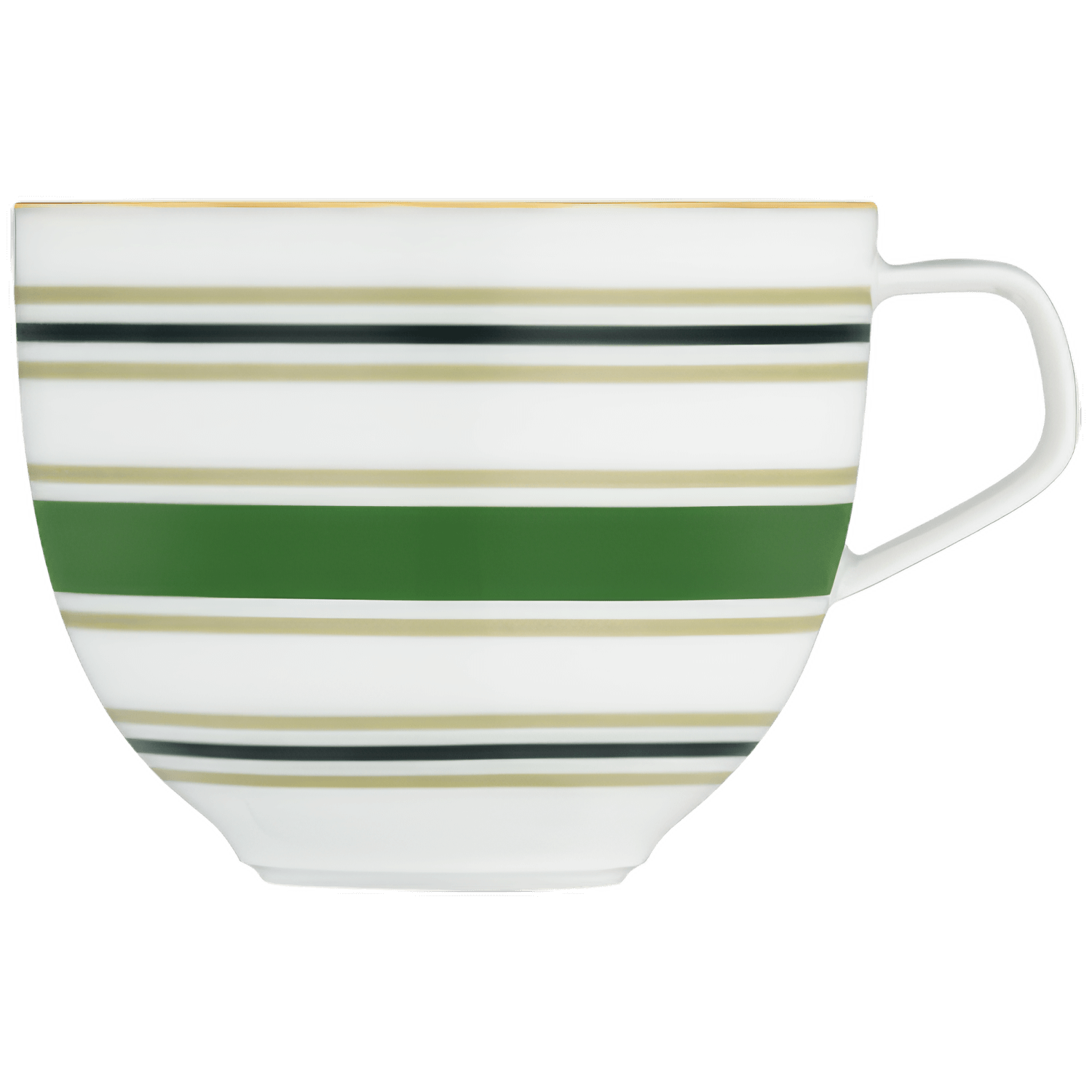 Weiße Tasse mit grünen und goldenen Streifen, seitlicher Henkel. Fürstenberg Porzellan.