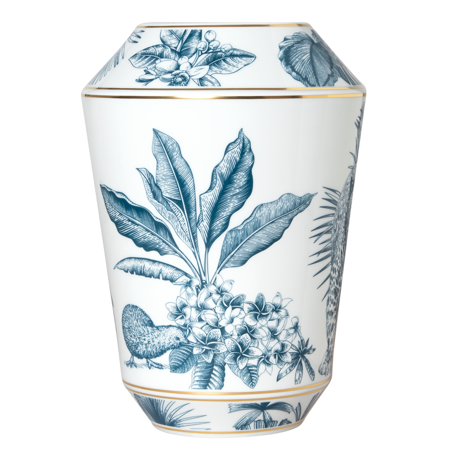 Weiße Vase mit blauen Pflanzenzeichnungen und goldenen Rändern. Fürstenberg Porzellan.