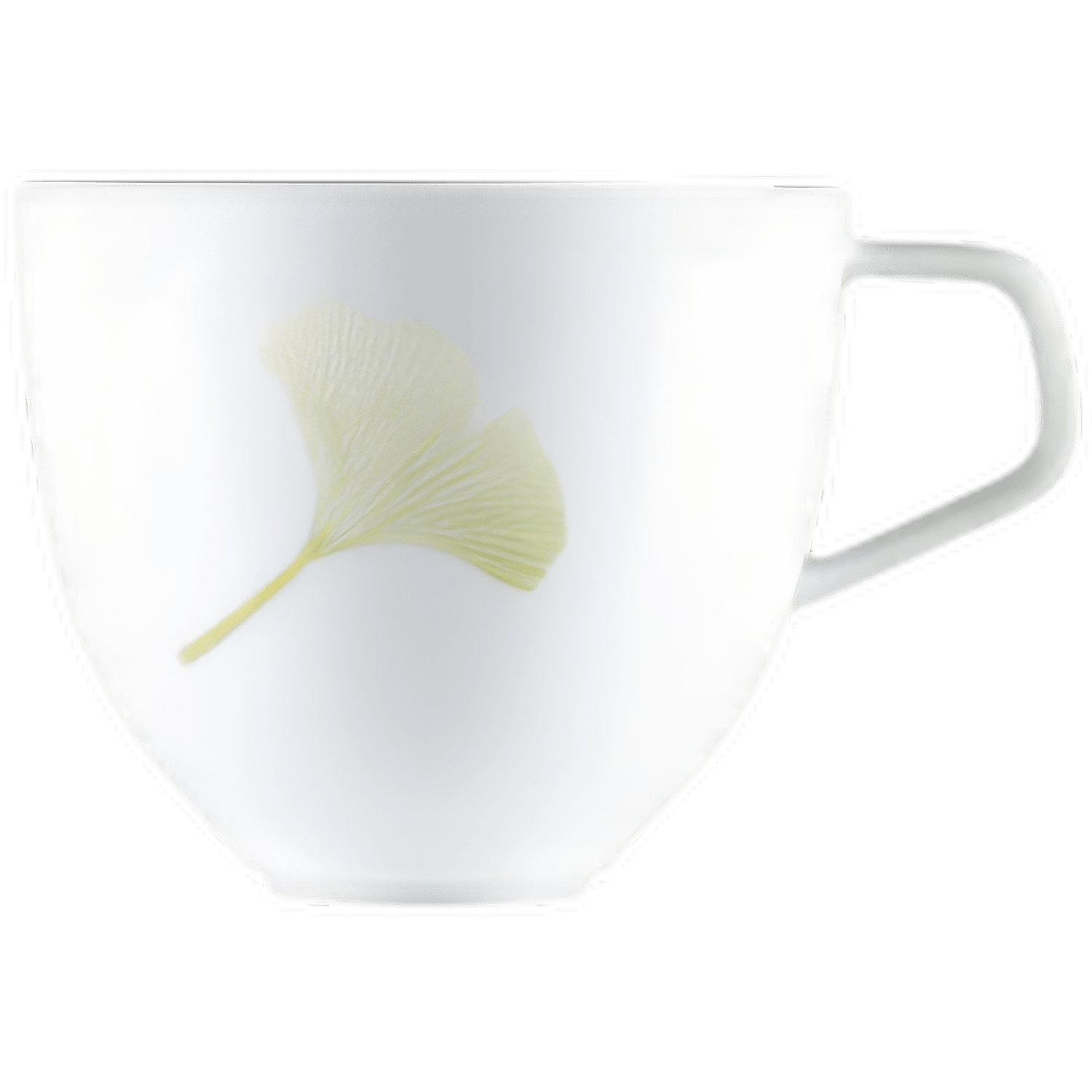 Weiße Porzellantasse mit Ginkgoblatt-Dekor, steht auf weißem Hintergrund. Fürstenberg Porzellan.