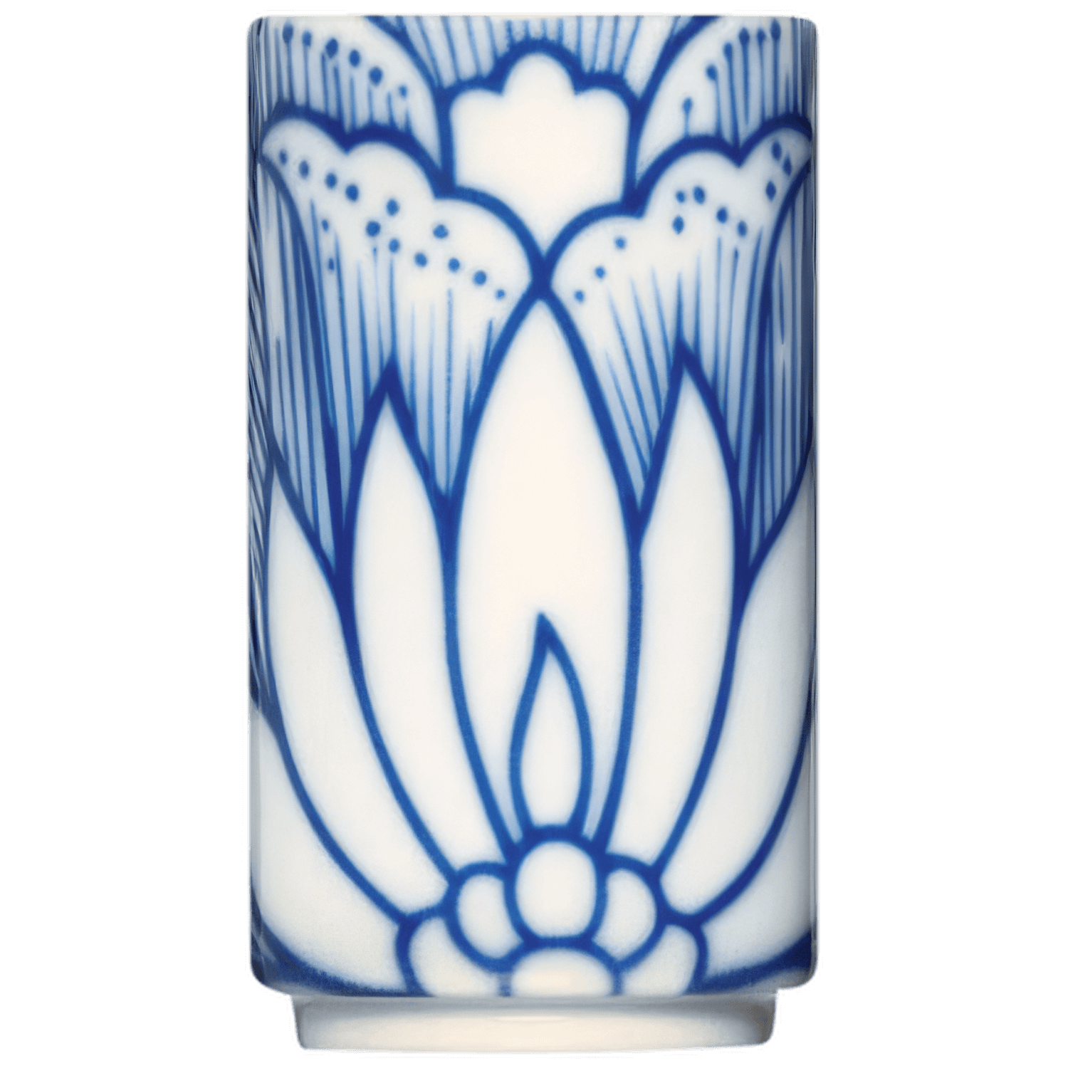 Weiße Vase mit blauem, abstraktem Blütenmuster, stilvoll gestaltet. Fürstenberg Porzellan.