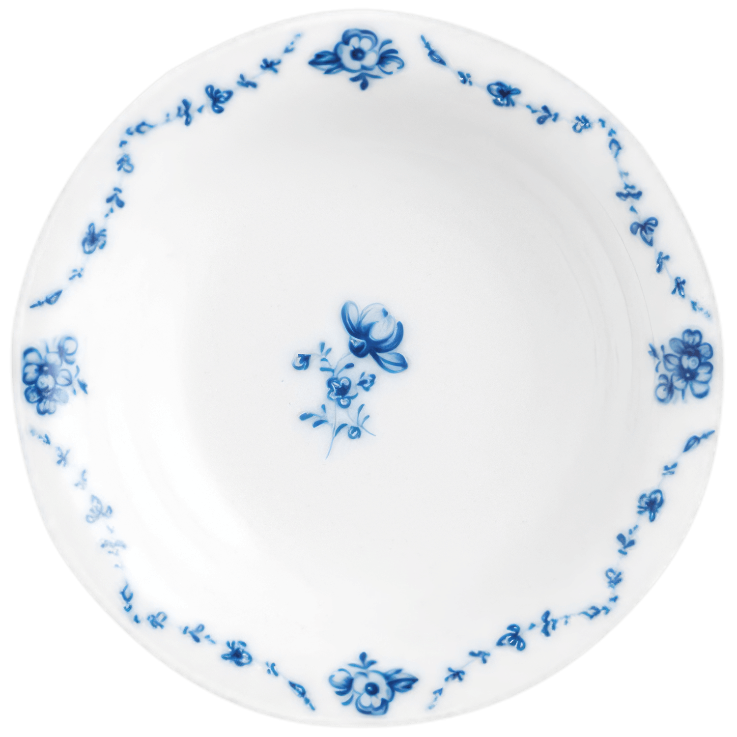 Weißer Teller mit blauem Blumenmuster, zentral und am Rand. Fürstenberg Porzellan.