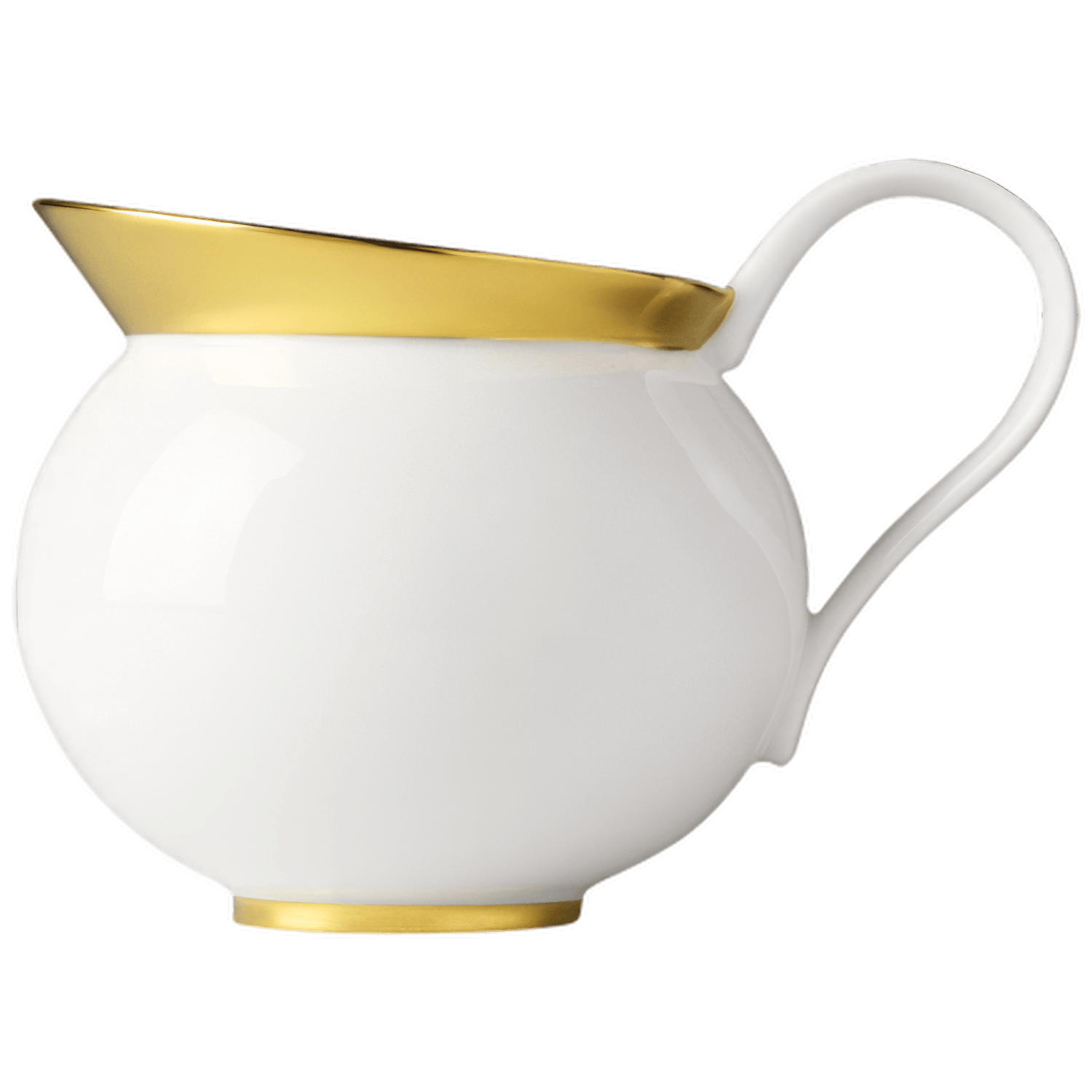 Weiße Porzellan-Kanne mit goldener Öffnung und Henkel, auf neutralem Hintergrund. Fürstenberg Porzellan.