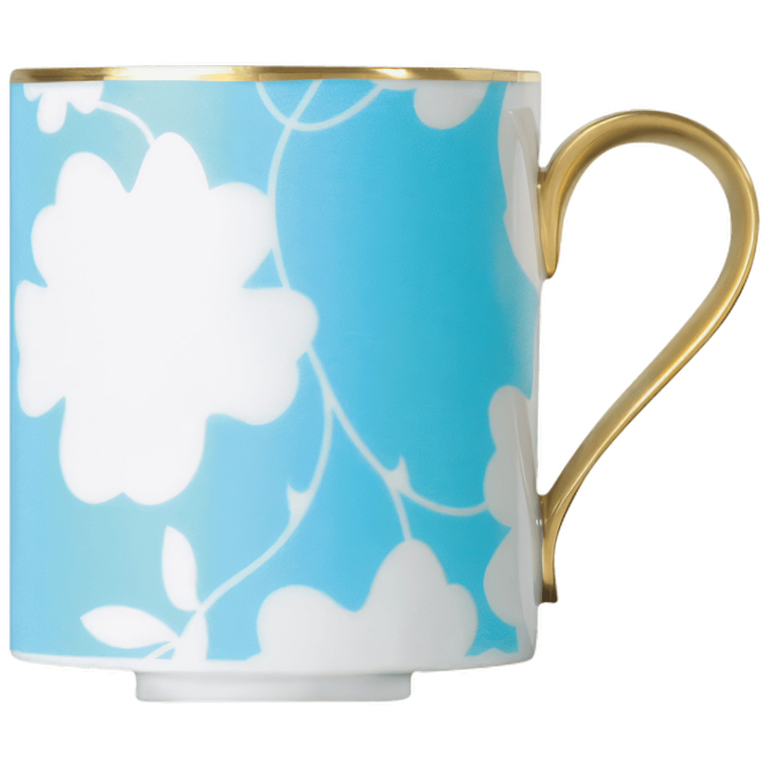 Tasse mit blauen Hintergrund, weißen Blumenmuster, goldener Griff. Fürstenberg Porzellan.