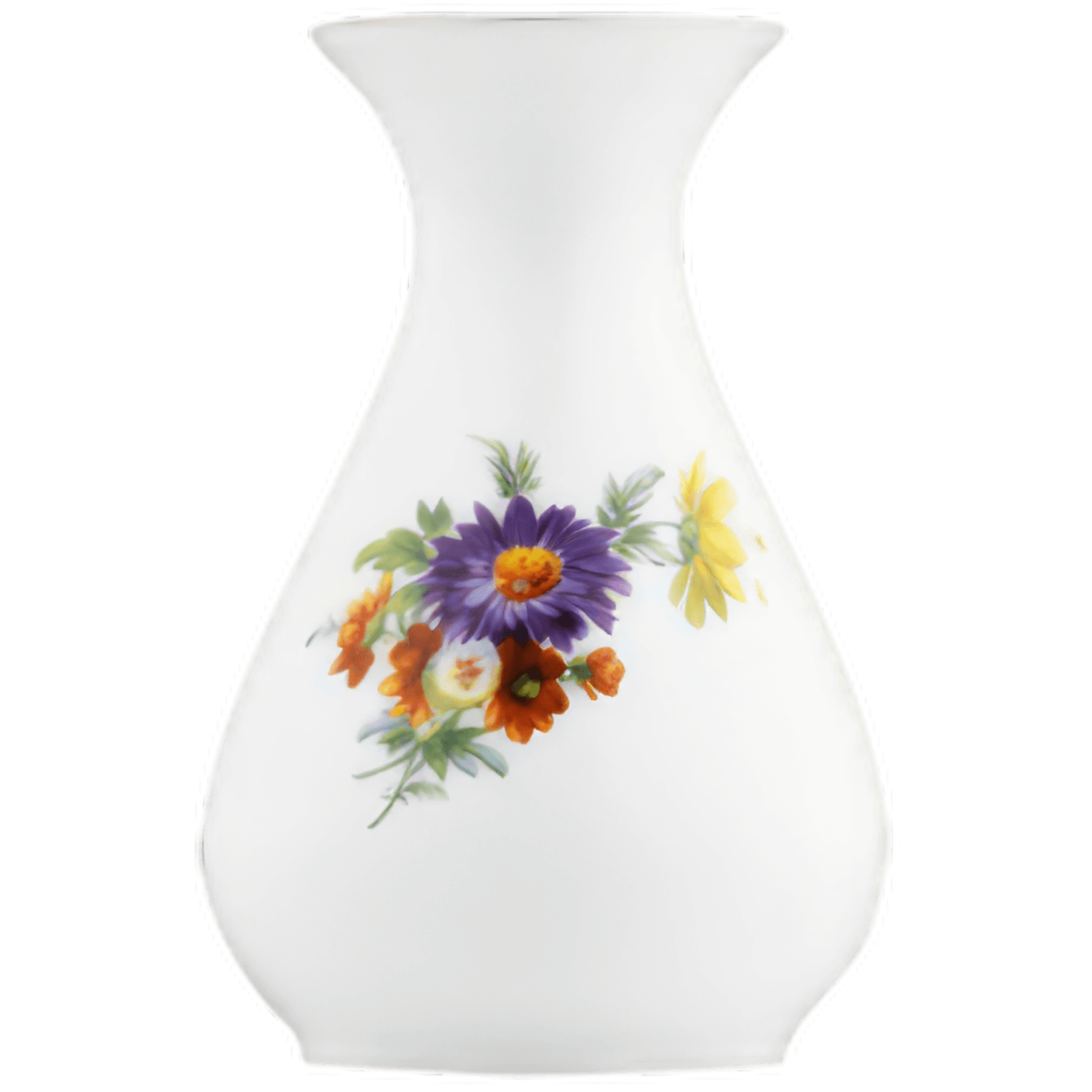 Weiße Porzellanvase mit buntem Blumenmuster, steht auf weißem Hintergrund. Fürstenberg Porzellan.