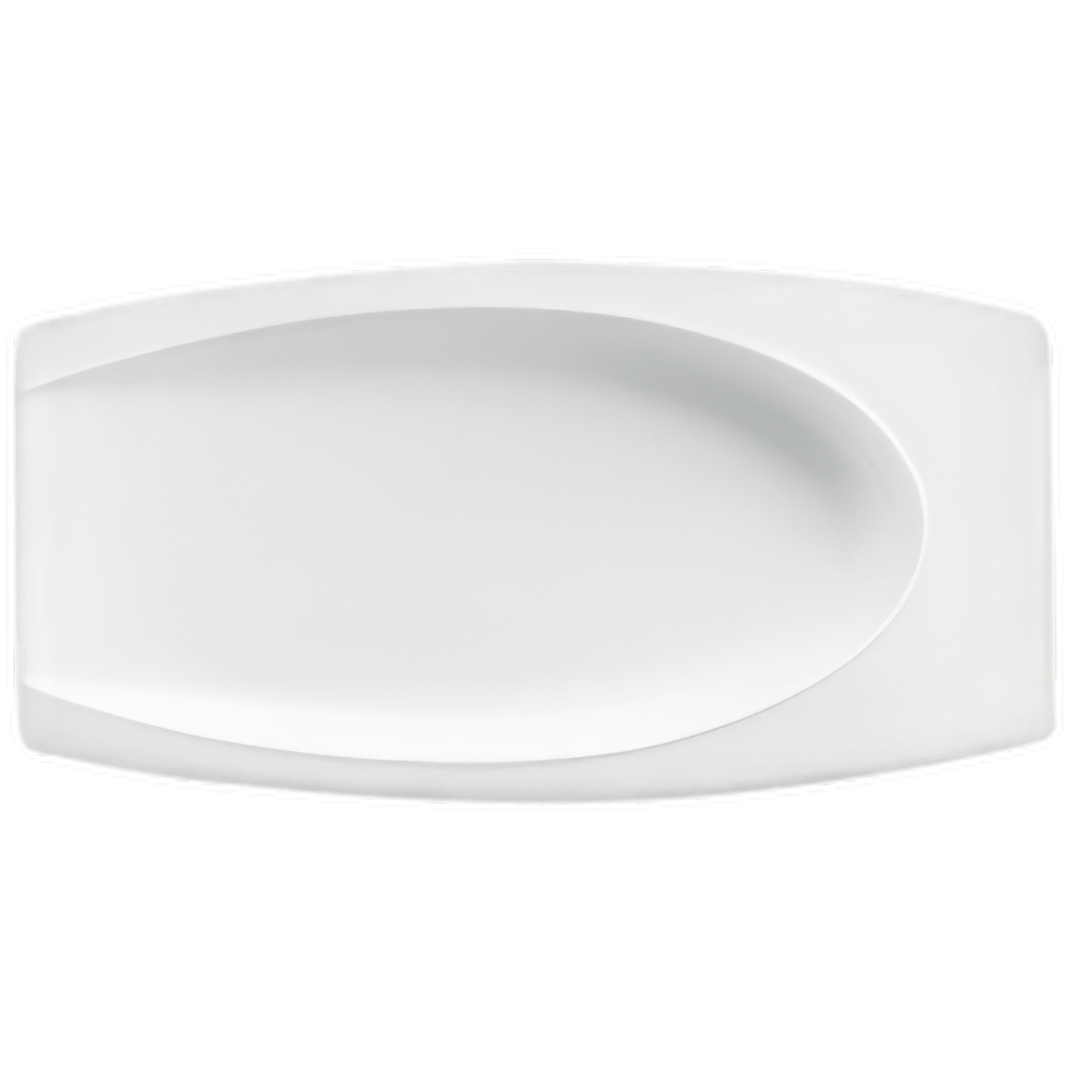 Ovale, weiße Porzellanplatte liegt auf weißem Untergrund, minimalistisch gestaltet. Fürstenberg Porzellan.