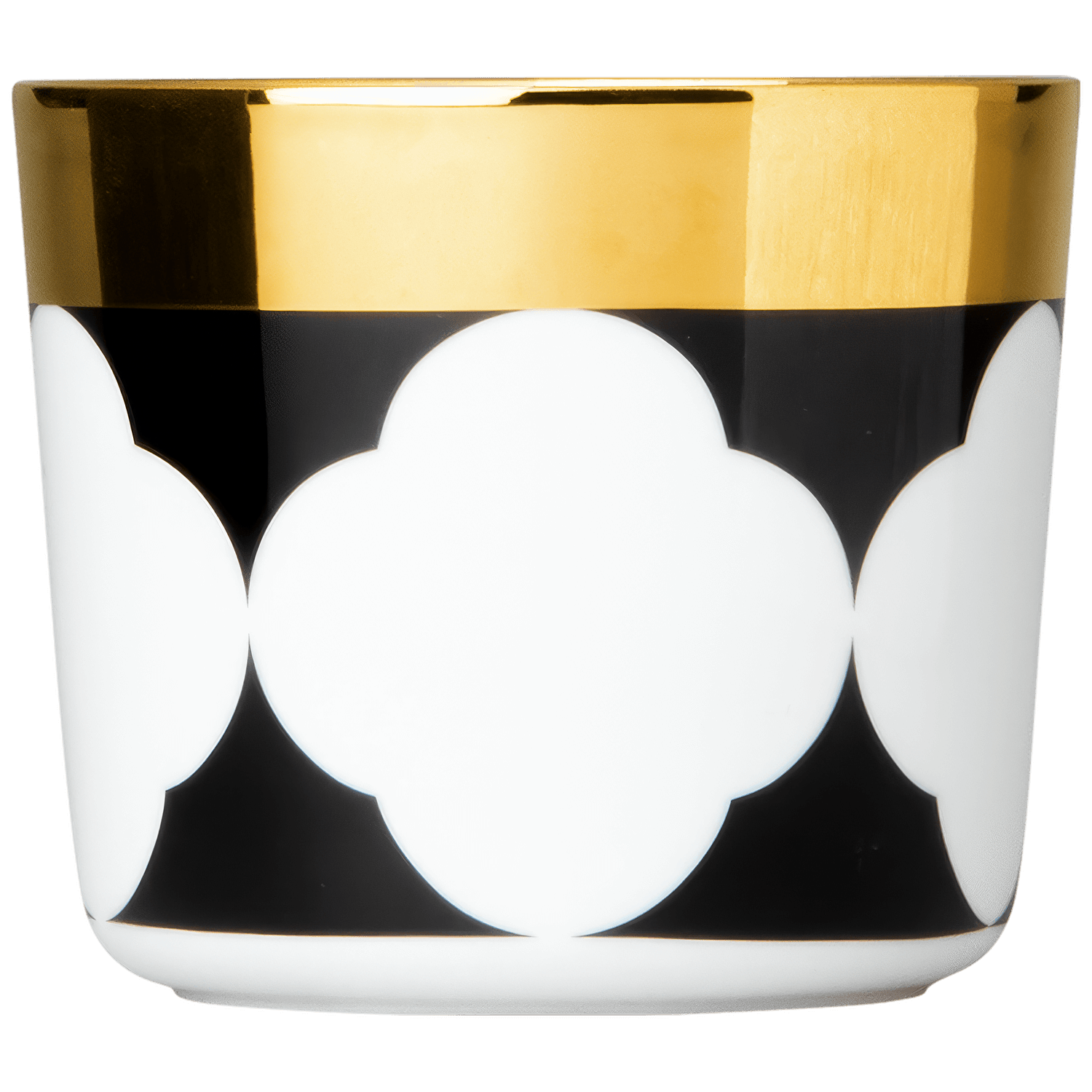 Weiße Tasse mit schwarzem Muster und goldener Kante, dekorativ gestaltet. Fürstenberg Porzellan.