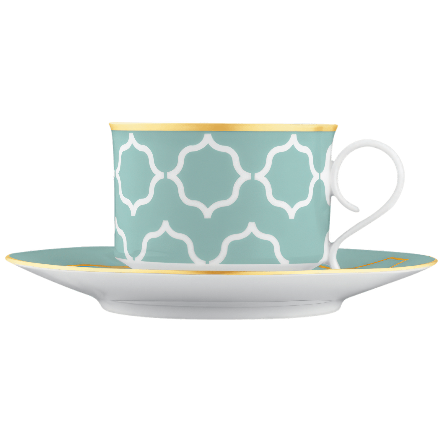 Türkise Teetasse mit weißem Muster und Goldrand auf Untertasse. Fürstenberg Porzellan.