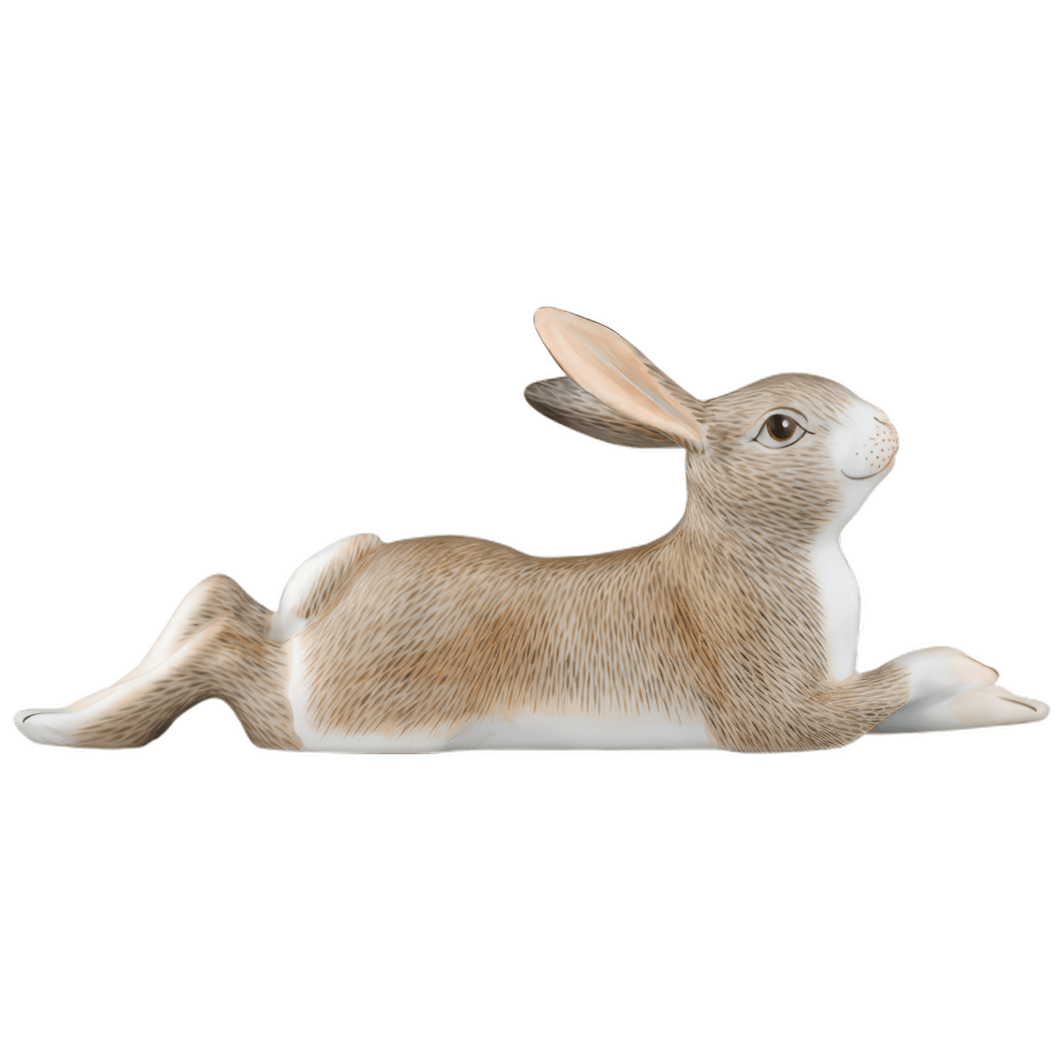 Porzellanfigur eines liegenden Hasen auf weißem Hintergrund. Fürstenberg Porzellan.
