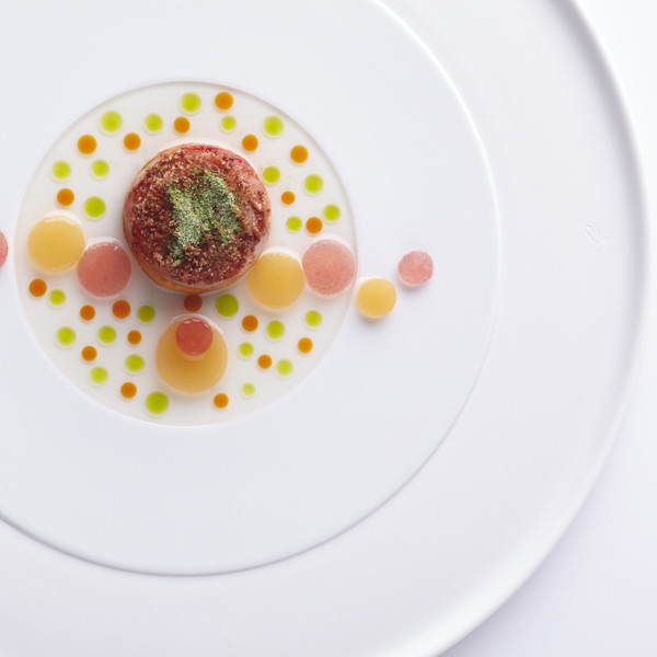 Kunstvoll angerichteter Gourmetteller mit bunten Punkten und einer dekorierten Speise. Fürstenberg Porzellan.