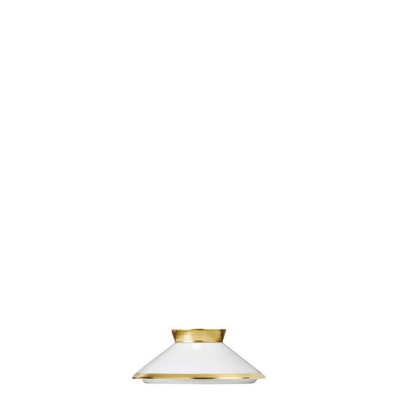 Weiße Porzellanvase mit goldenen Rändern, steht auf schwarzem Hintergrund. Fürstenberg Porzellan.