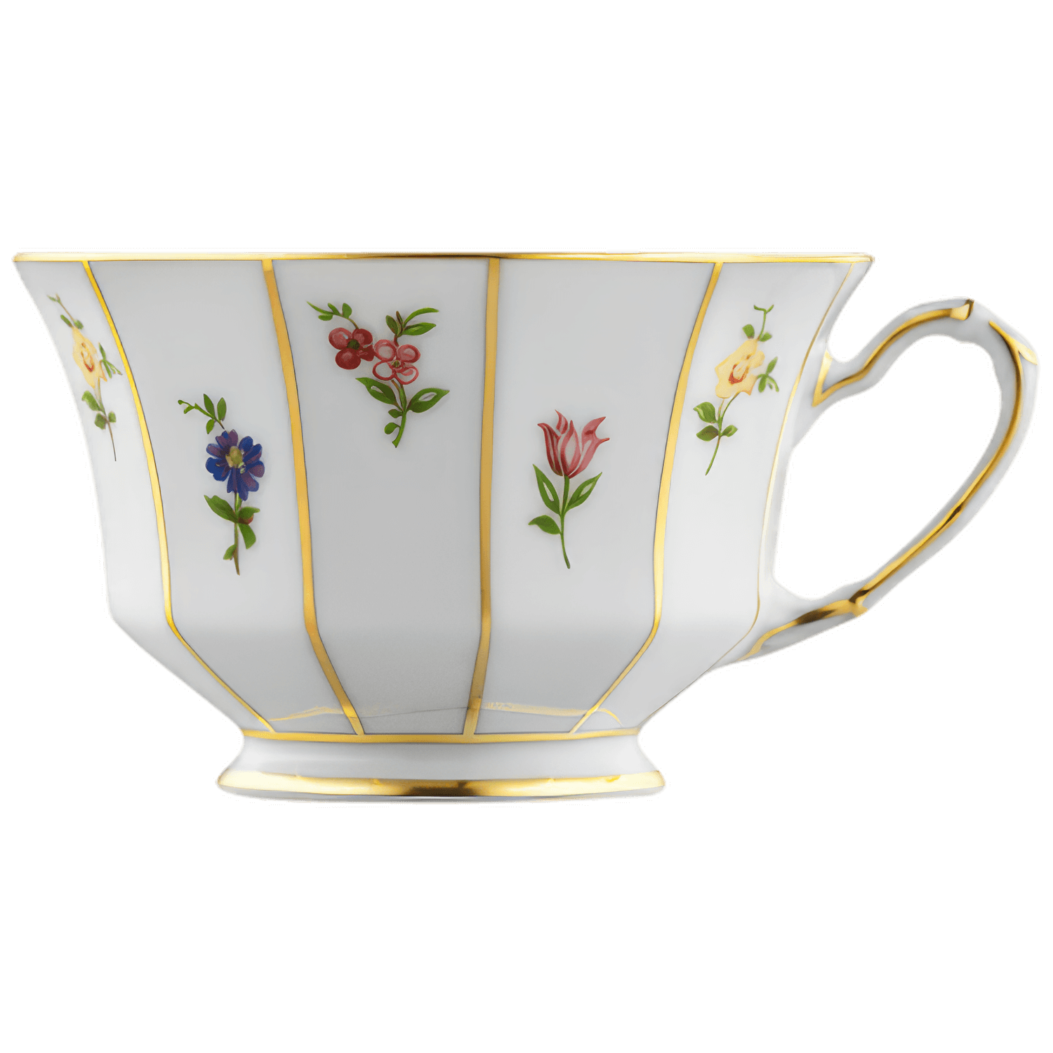 Weiße Tasse mit goldenen Linien und bunten Blumenmotiven. Fürstenberg Porzellan.