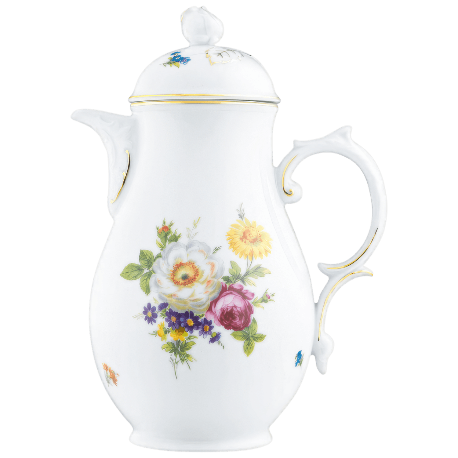 Weiße Porzellankanne mit Blumenmuster und verzierter Griff. Fürstenberg Porzellan.