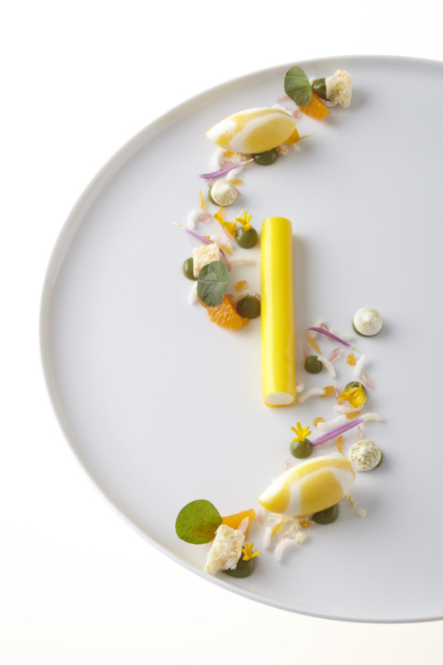 Gastronomisch dekoriertes Dessert auf weißem Teller, mit gelber Rolle und Blüten. Fürstenberg Porzellan.