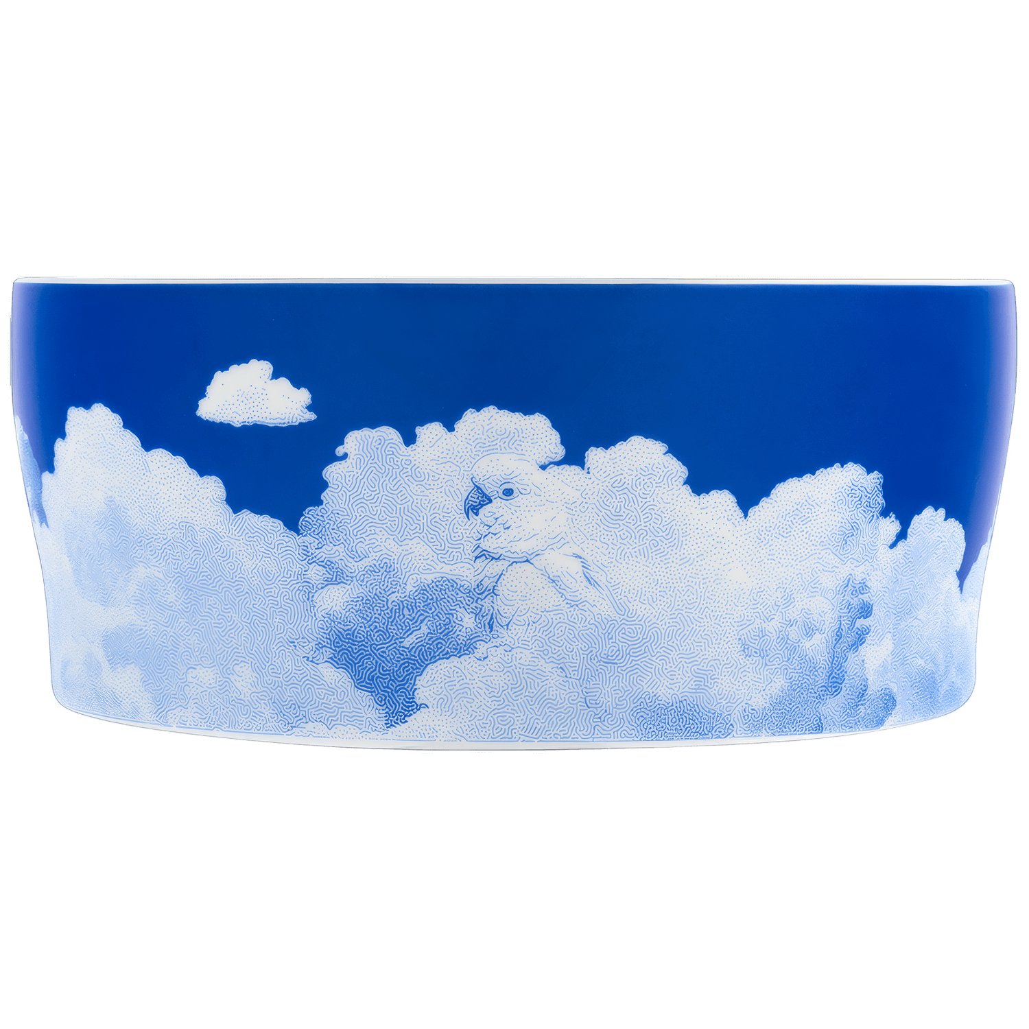 Blaue Porzellanschale mit weißem Wolkendekor auf blauem Hintergrund. Fürstenberg Porzellan.