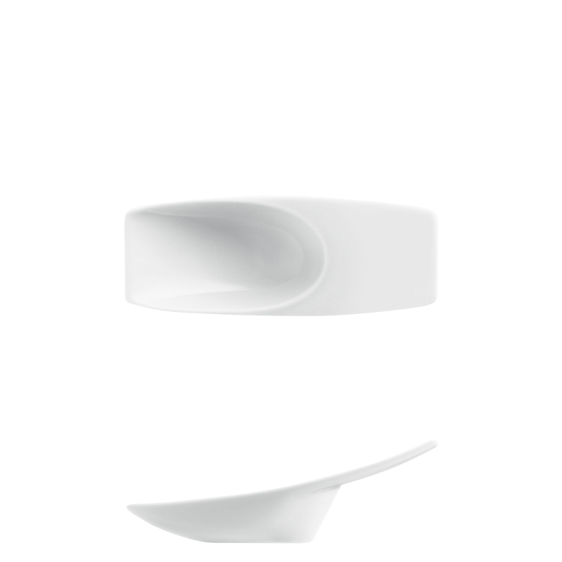 Weiße Porzellanschale, modern geformt, seitliche Ansicht oben und Profilansicht unten. Fürstenberg Porzellan.