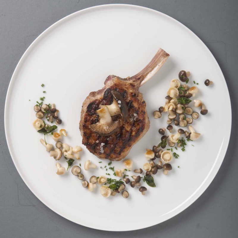 Gegrilltes Fleisch mit Pilzen auf weißem Teller, dekoriert mit Kräutern. Fürstenberg Porzellan.