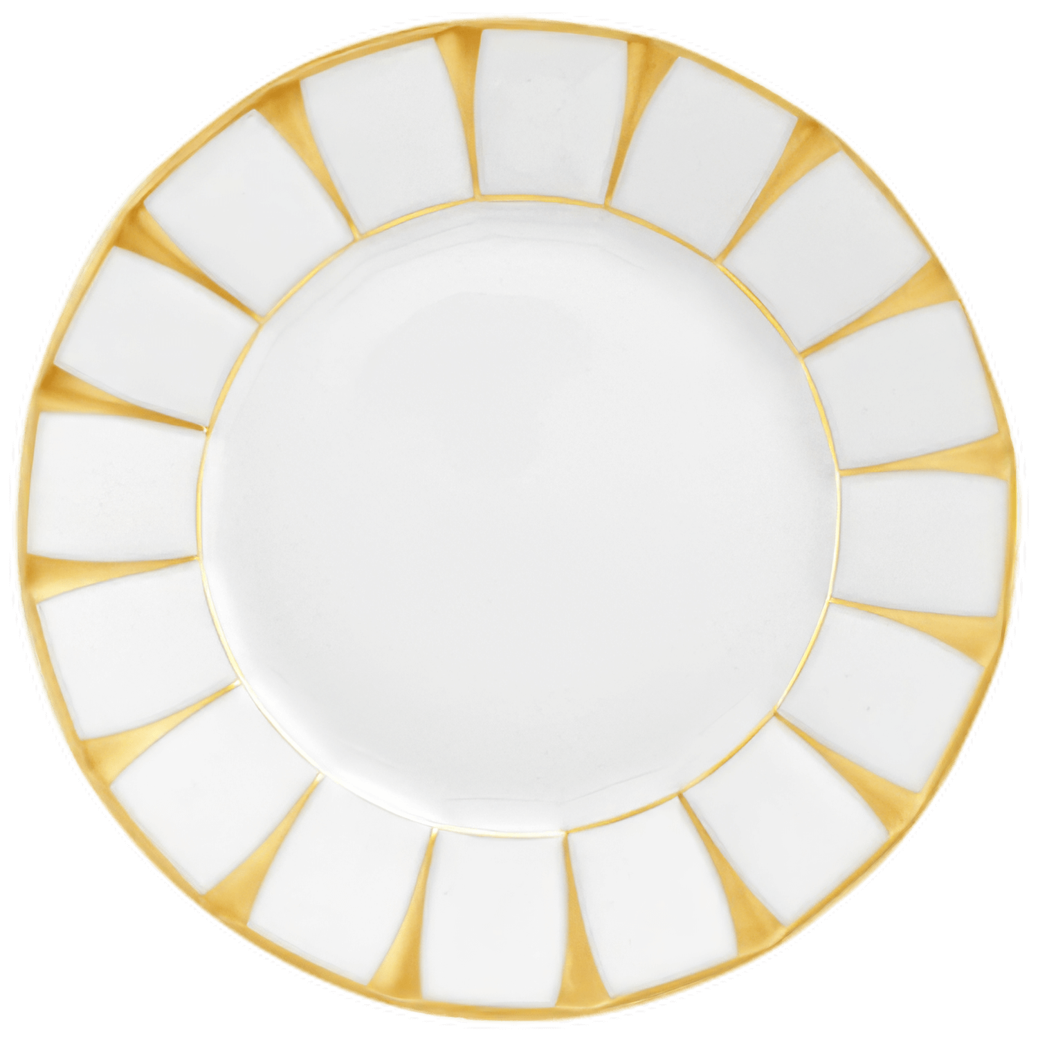 Weiße Untertasse mit breitem, goldfarbenem Streifenmuster um den Rand. Fürstenberg Porzellan.
