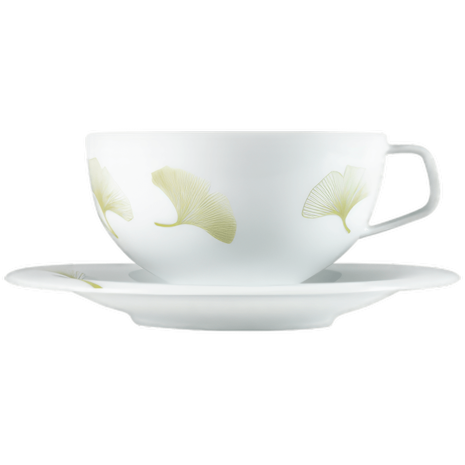 Weiße Tasse mit Ginkgo-Blattdekor steht auf passender Untertasse. Fürstenberg Porzellan.