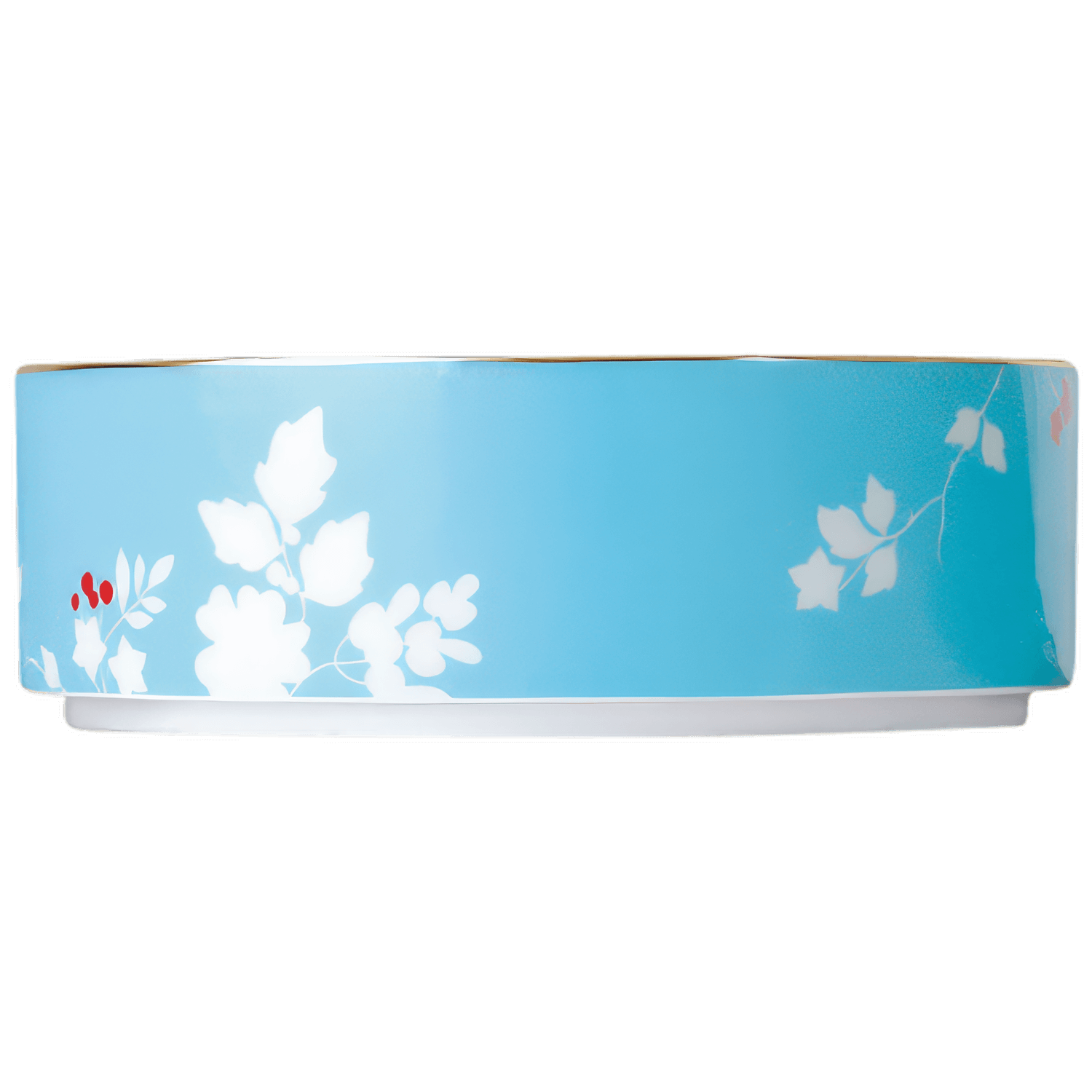 Aqua-farbene Porzellanschale mit weißen Blumenmotiven und goldener Kante. Fürstenberg Porzellan.