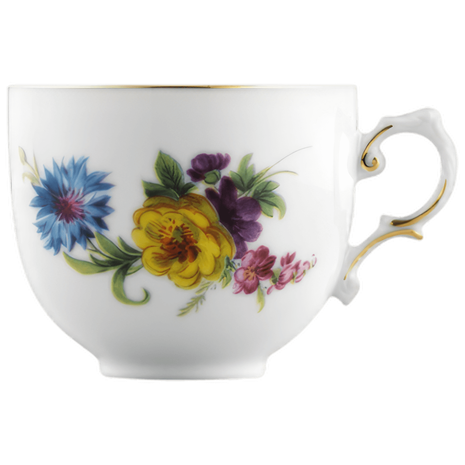 Weiße Tasse mit bunten Blumenmotiven und goldverziertem Rand, auf weißem Hintergrund. Fürstenberg Porzellan.