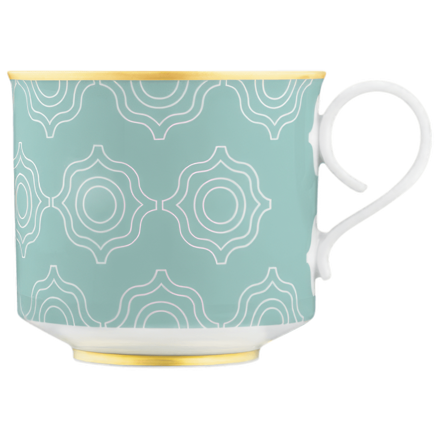 Tasse mit türkisblauem Muster und goldenen Rändern auf weißem Hintergrund. Fürstenberg Porzellan.