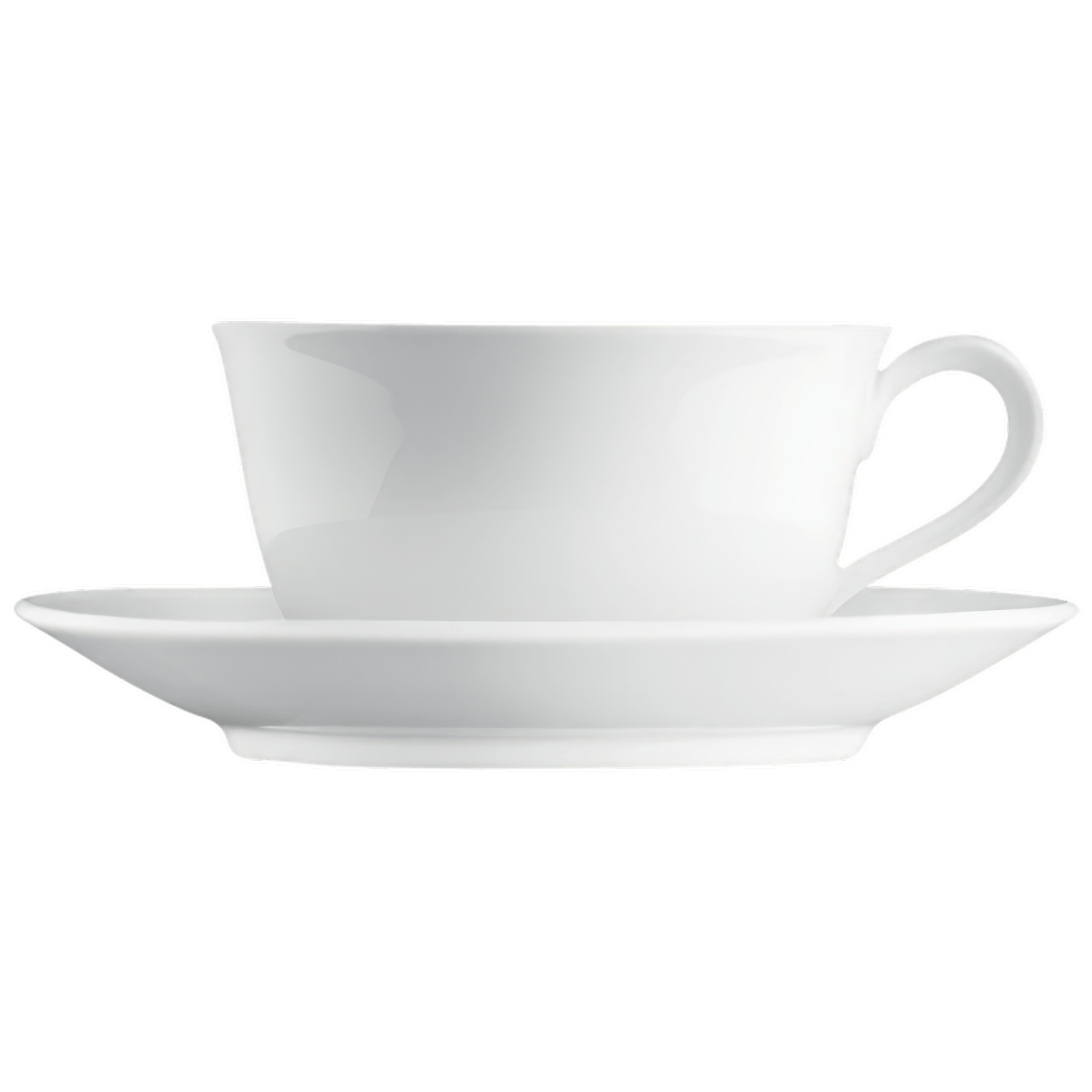 Weiße Tasse mit Untertasse, schlichtes Design, seitliche Ansicht. Fürstenberg Porzellan.