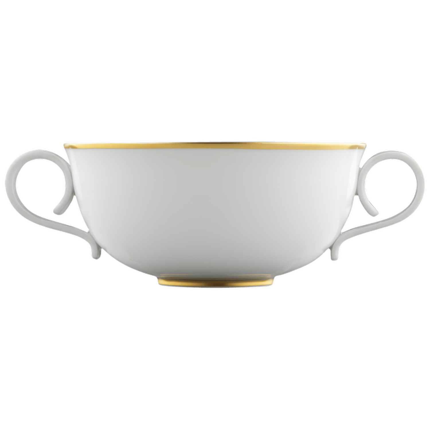 Weiße, goldgeränderte Doppio-Kaffeetasse, stehend auf schwarzem Hintergrund. Fürstenberg Porzellan.