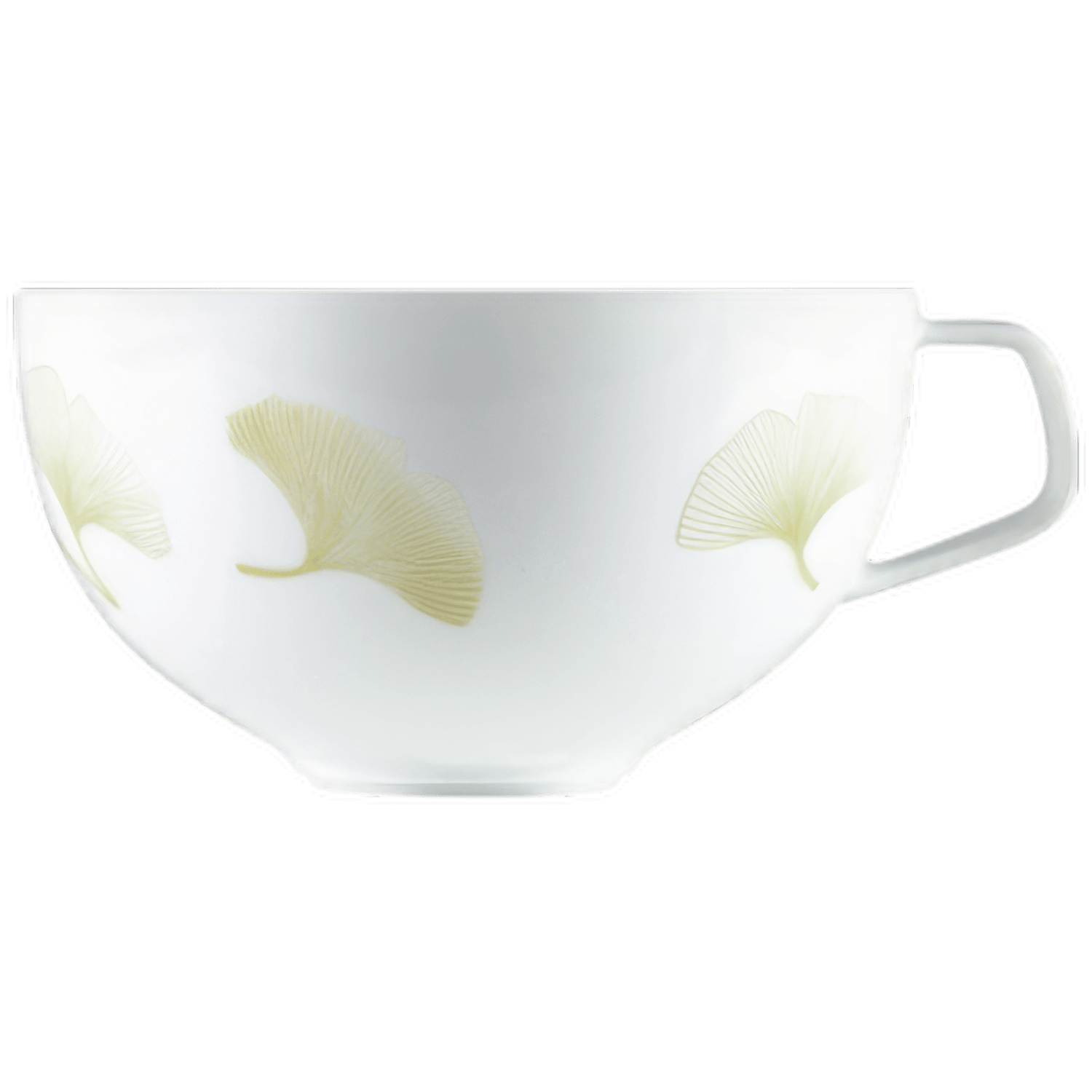 Porzellantasse mit Ginkgo-Blatt-Dekor, steht auf schwarzem Hintergrund. Fürstenberg Porzellan.