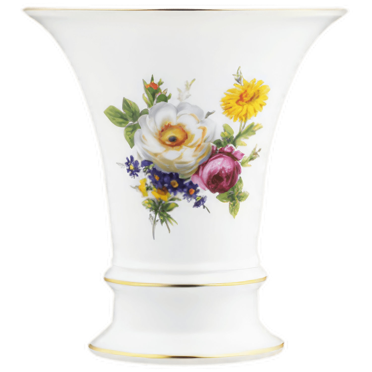 Weiße Porzellanvase mit buntem Blumenmuster, stehend auf schwarzem Hintergrund. Fürstenberg Porzellan.