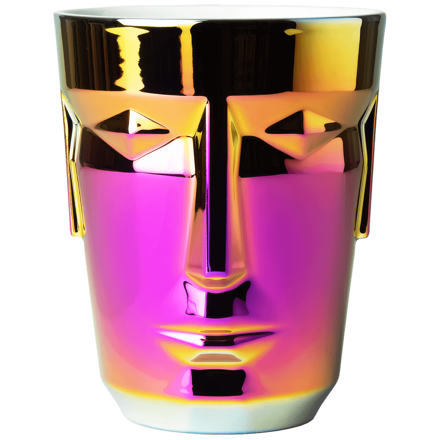 Gesichtsartige, schillernde Vase mit abstrakten Merkmalen und metallischem Glanz. Fürstenberg Porzellan.