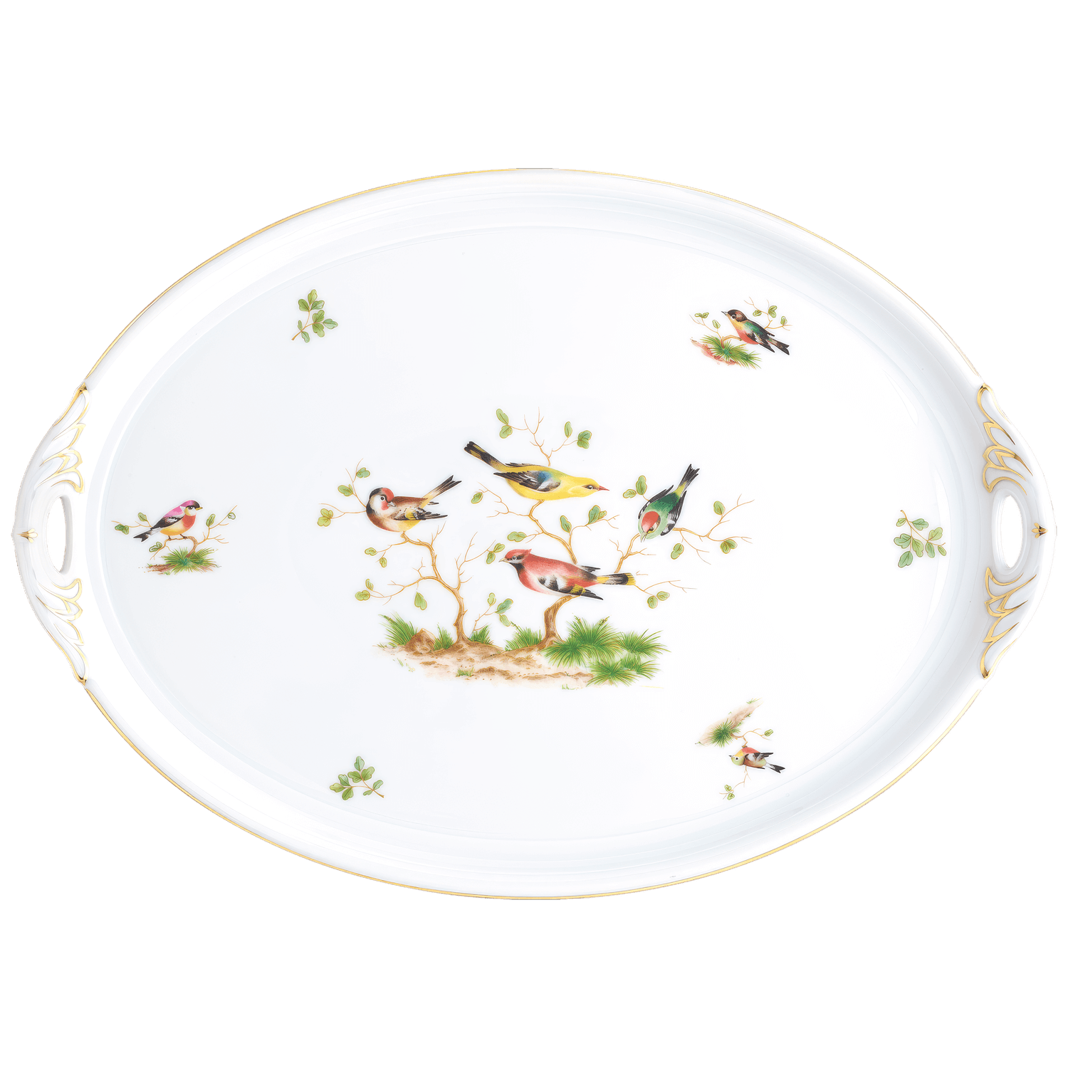 Ovales Porzellan-Tablett mit bunten Vogelmotiven und goldenen Griffverzierungen. Fürstenberg Porzellan.