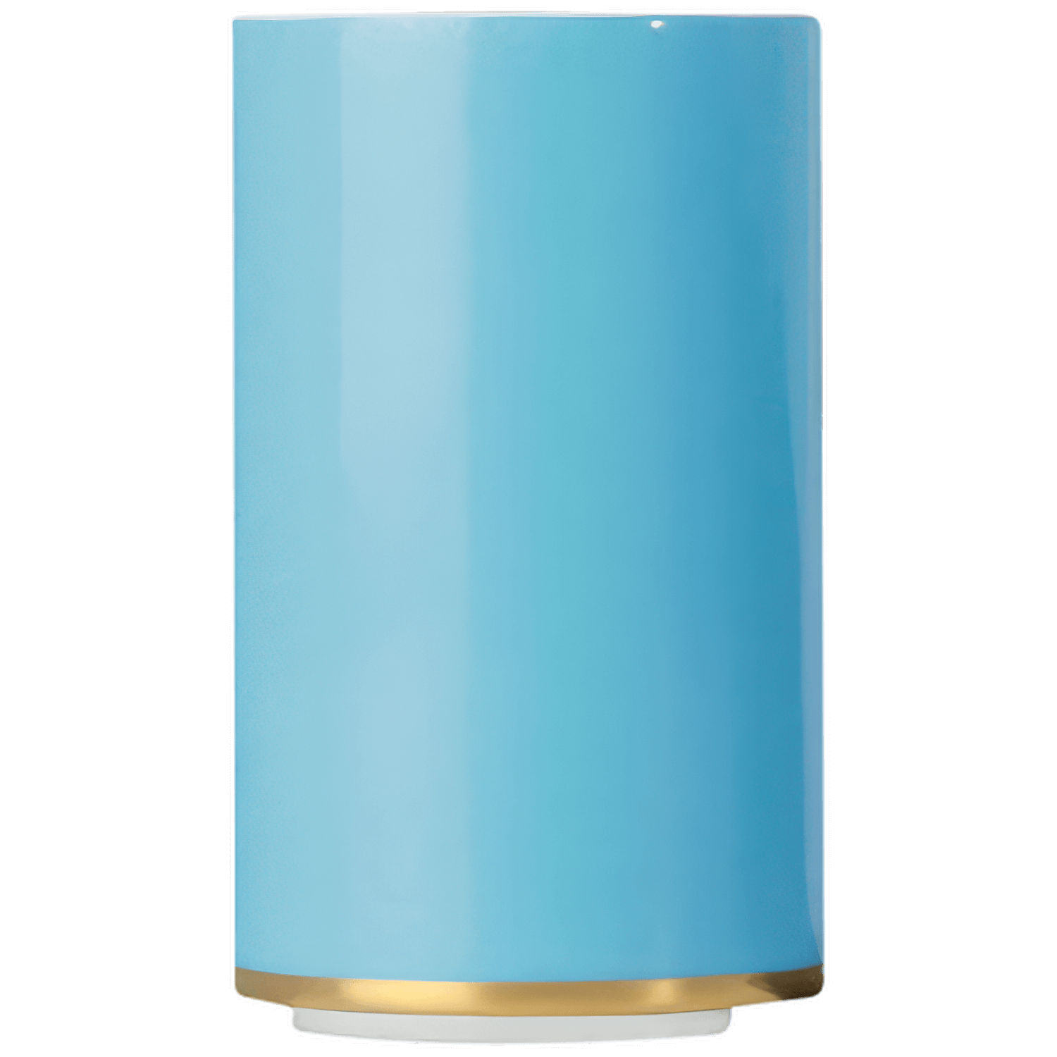 Zylindrische, hellblaue Vase mit goldener Unterkante, stehend auf weißem Hintergrund. Fürstenberg Porzellan.