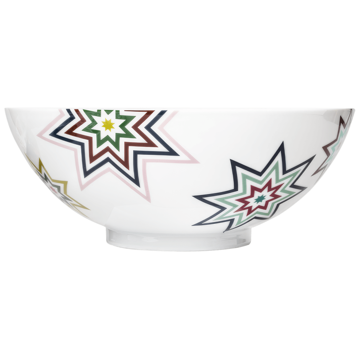 Weiße Schüssel mit bunten, geometrischen Stern-Designs, auf transparentem Hintergrund. Fürstenberg Porzellan.