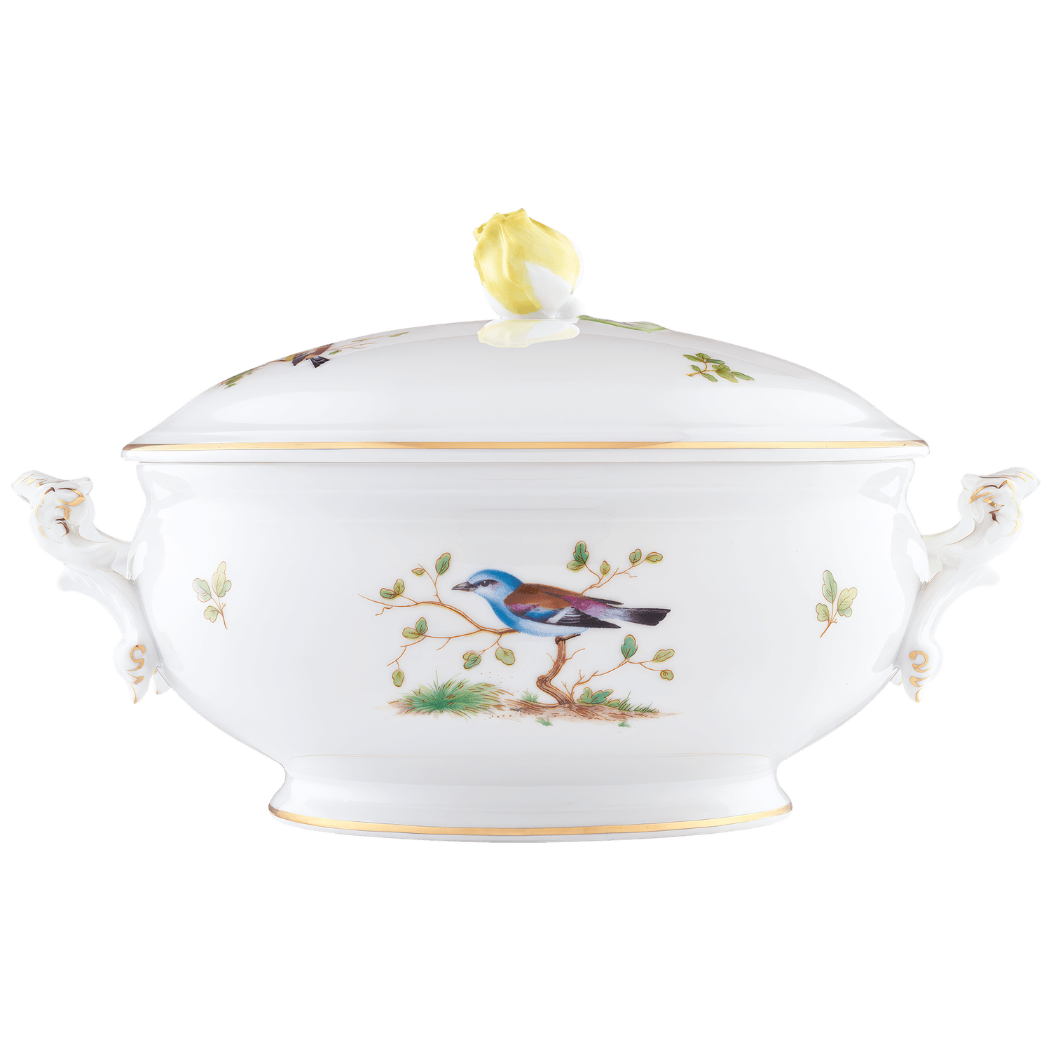 Weiße Porzellansuppenschüssel mit Vogelmotiv und gelbem Knauf auf dem Deckel. Fürstenberg Porzellan.