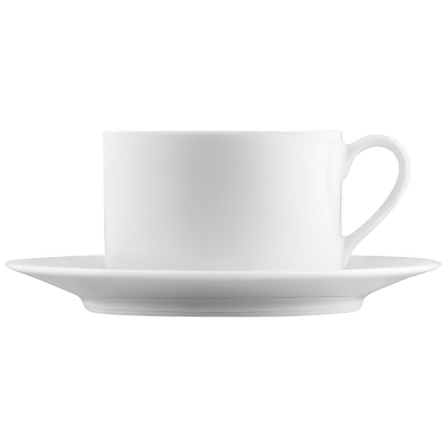 Weiße Teetasse auf passendem Unterteller, schlichtes Design. Fürstenberg Porzellan.
