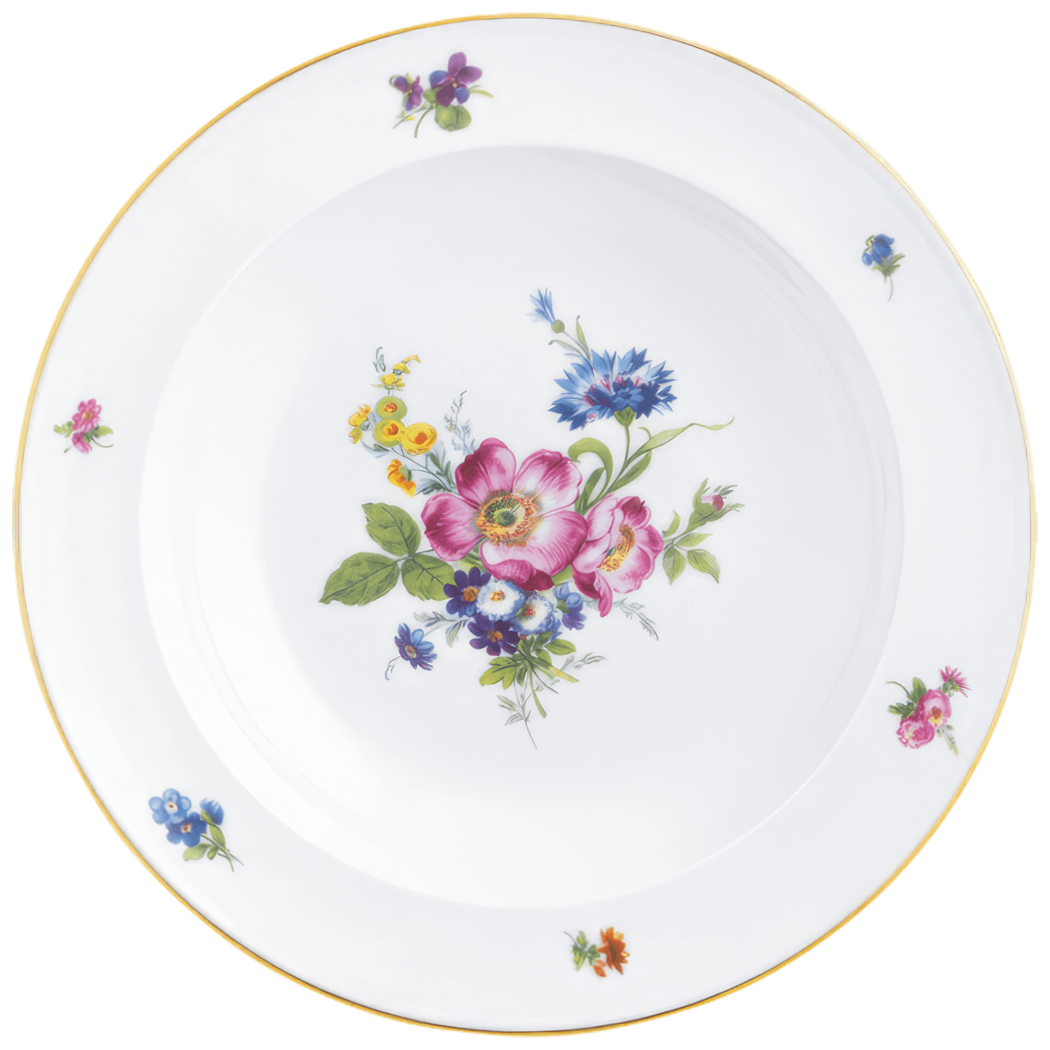 Porzellanteller mit buntem Blumenmuster, zentral auf weißem Hintergrund. Fürstenberg Porzellan.