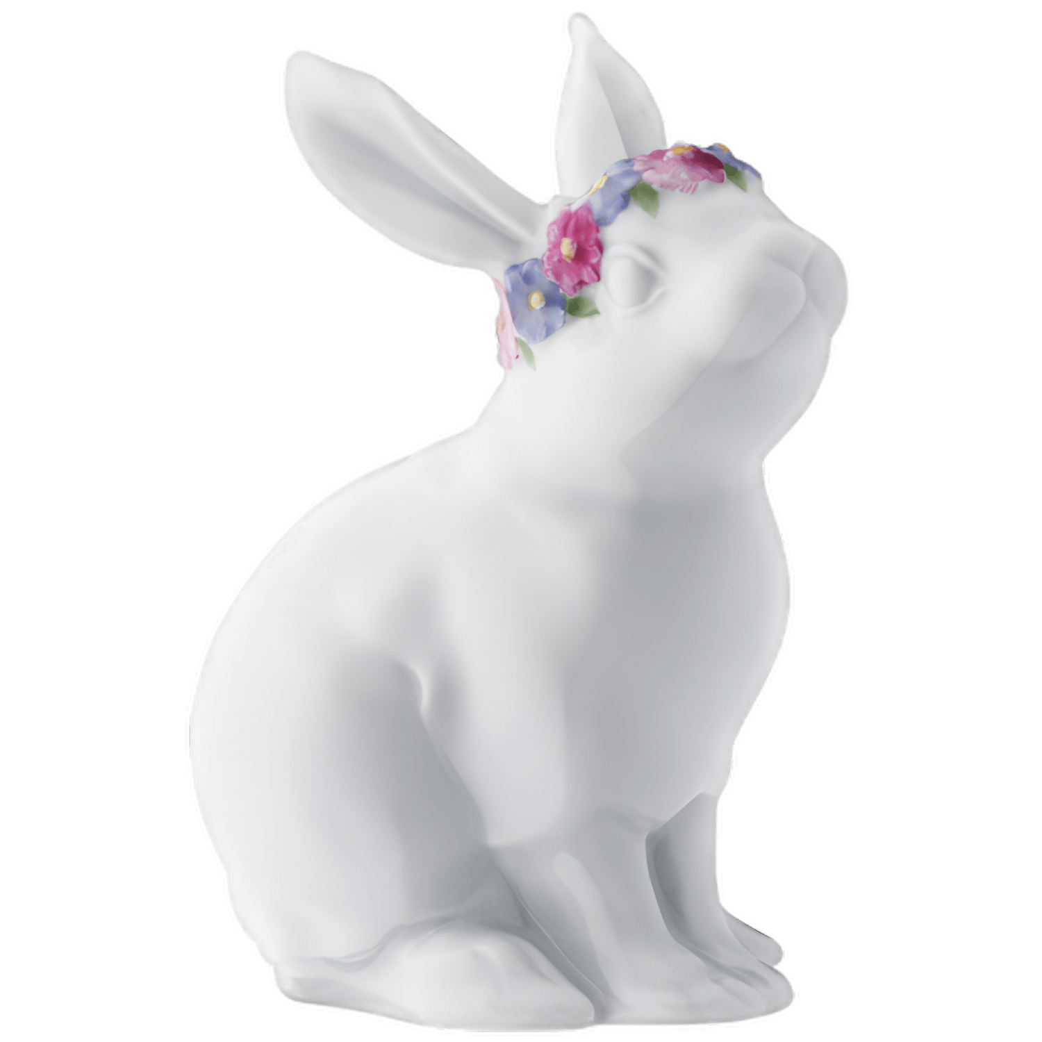 Porzellanhase trägt bunte Blumenkrone und sitzt elegant. Fürstenberg Porzellan.