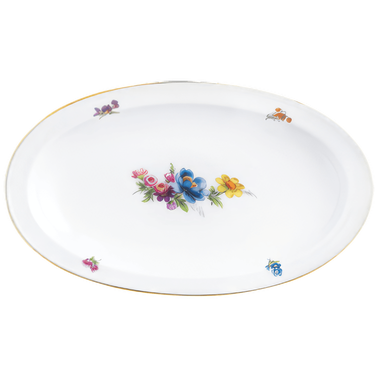 Ovaler weißer Porzellanteller mit bunter Blumenverzierung, goldener Randverzierung. Fürstenberg Porzellan.