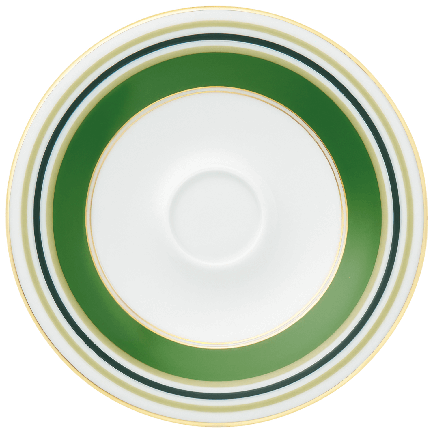 Weiße Untertasse mit grünen und goldenen Ringen, mittig ausgestellt. Fürstenberg Porzellan.