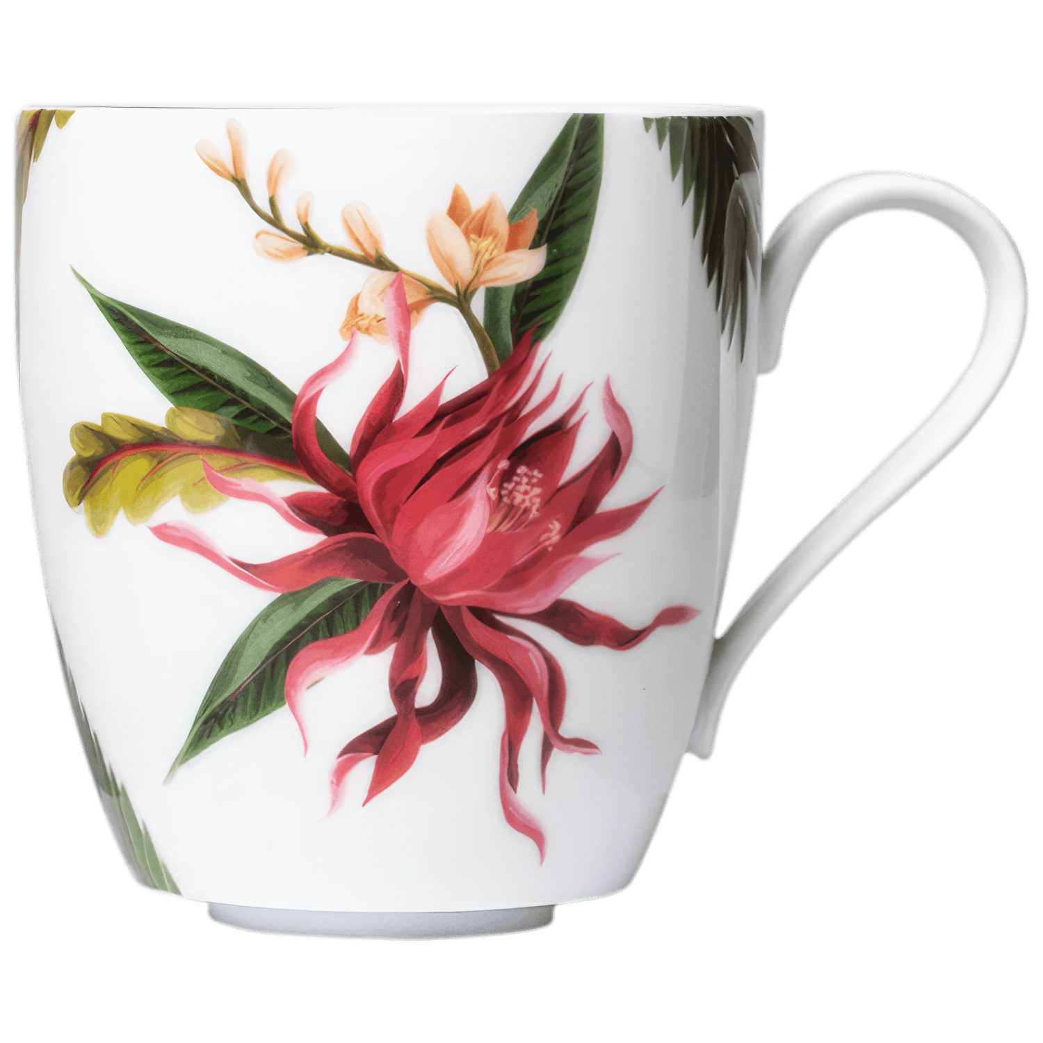 Tasse mit buntem Blumenmuster, stehend, auf weißem Hintergrund. Fürstenberg Porzellan.