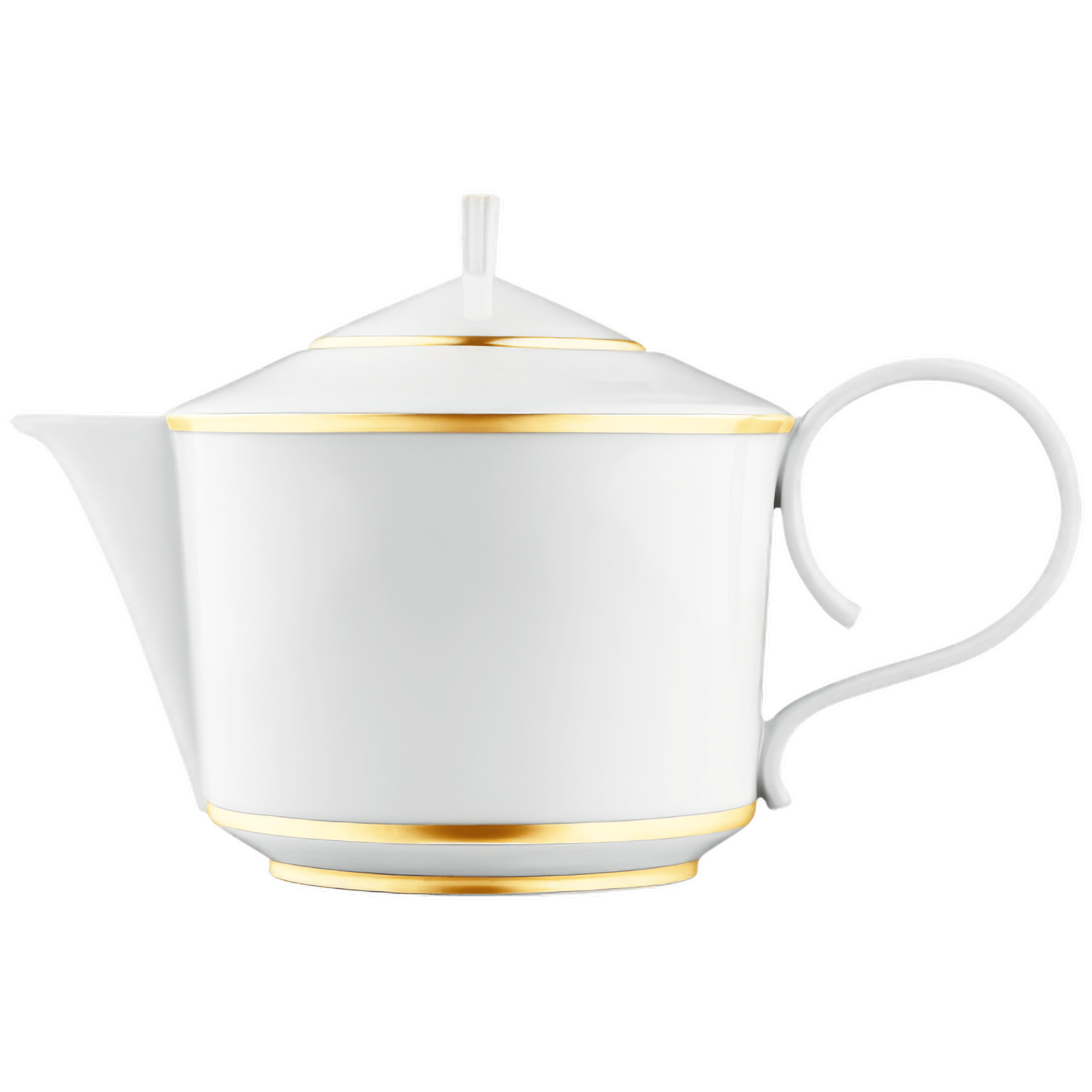 Weiße Teekanne mit goldenen Rändern, vertikaler Griff, elegantes Design. Fürstenberg Porzellan.