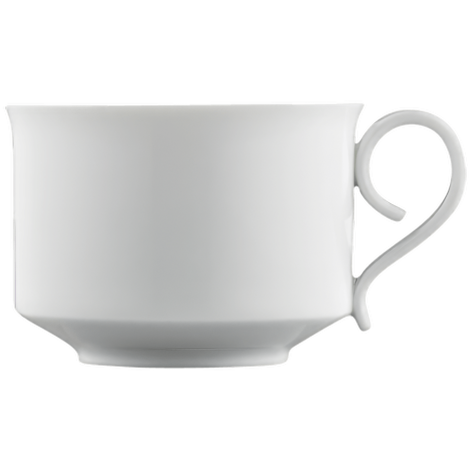 Weiße Tasse mit elegantem Henkel steht frei vor schwarzem Hintergrund. Fürstenberg Porzellan.