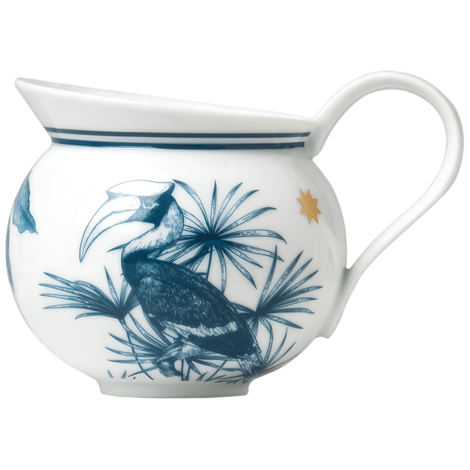 Porzellan-Krug mit tropischem Vogelmotiv und Stern, weiß-blau-goldene Gestaltung. Fürstenberg Porzellan.
