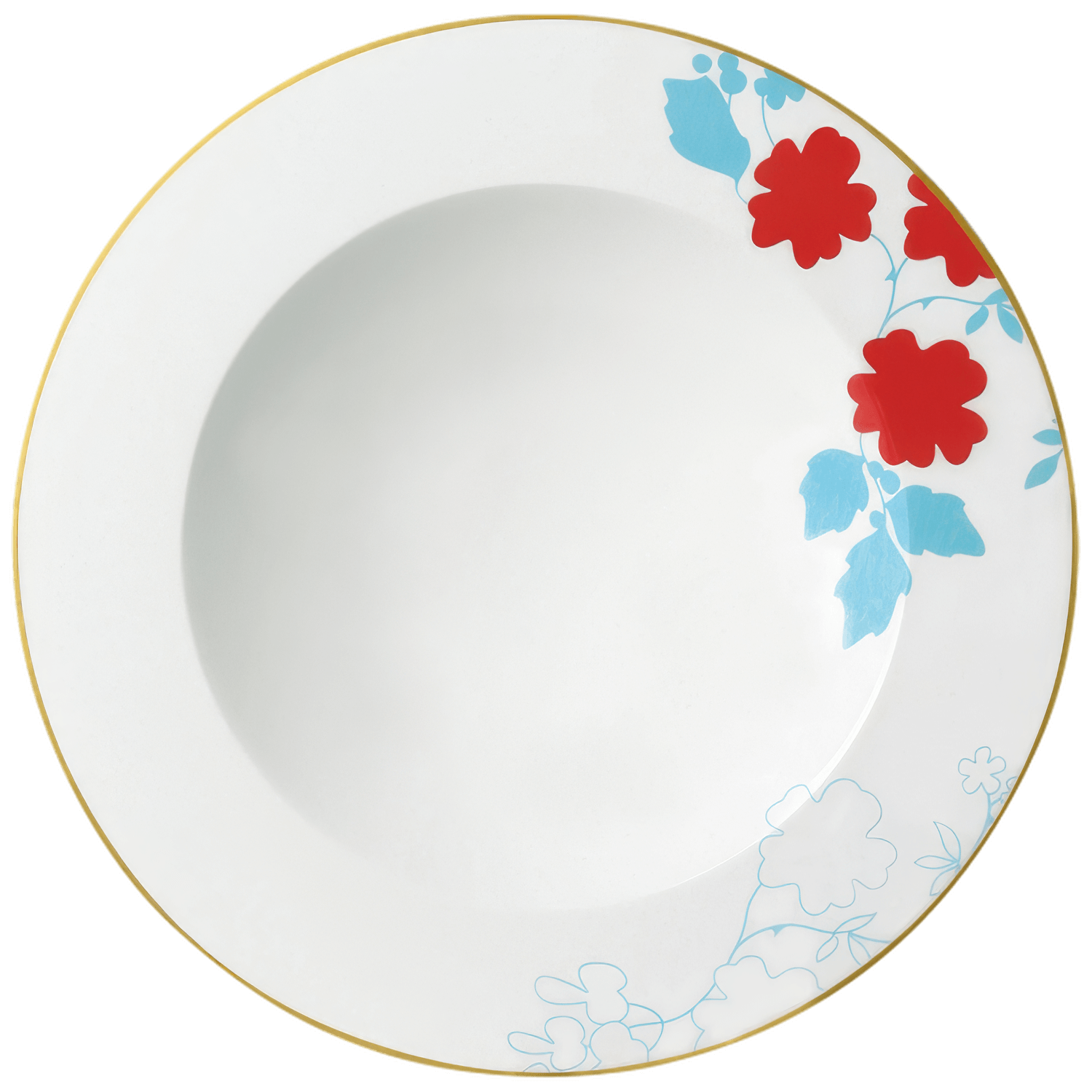 Weiße Porzellanschale mit rotem Blumenmuster und blauen Blättern, goldener Rand. Fürstenberg Porzellan.