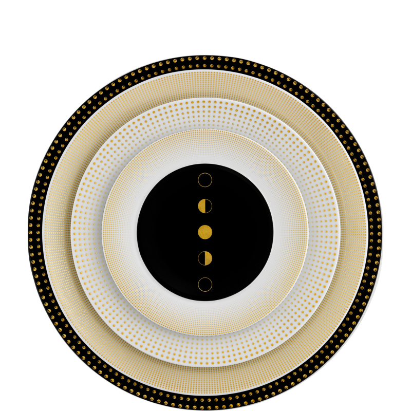 Teller mit konzentrischen Kreisen, goldenen Punkten und Mondphasen-Motiven, schwarz-gold dekoriert. Fürstenberg Porzellan.