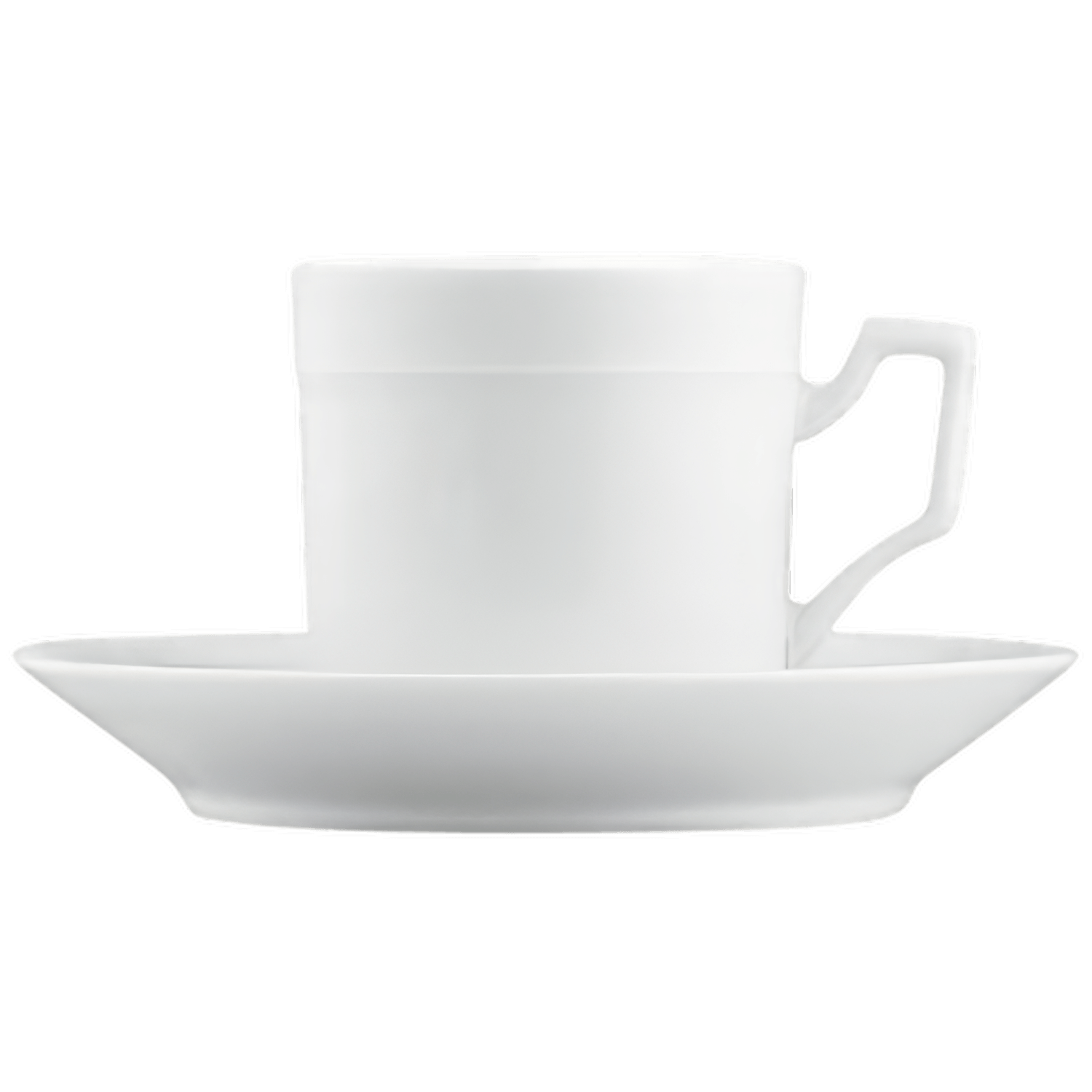 Weiße Kaffeetasse mit Untertasse auf schwarzem Hintergrund. Fürstenberg Porzellan.